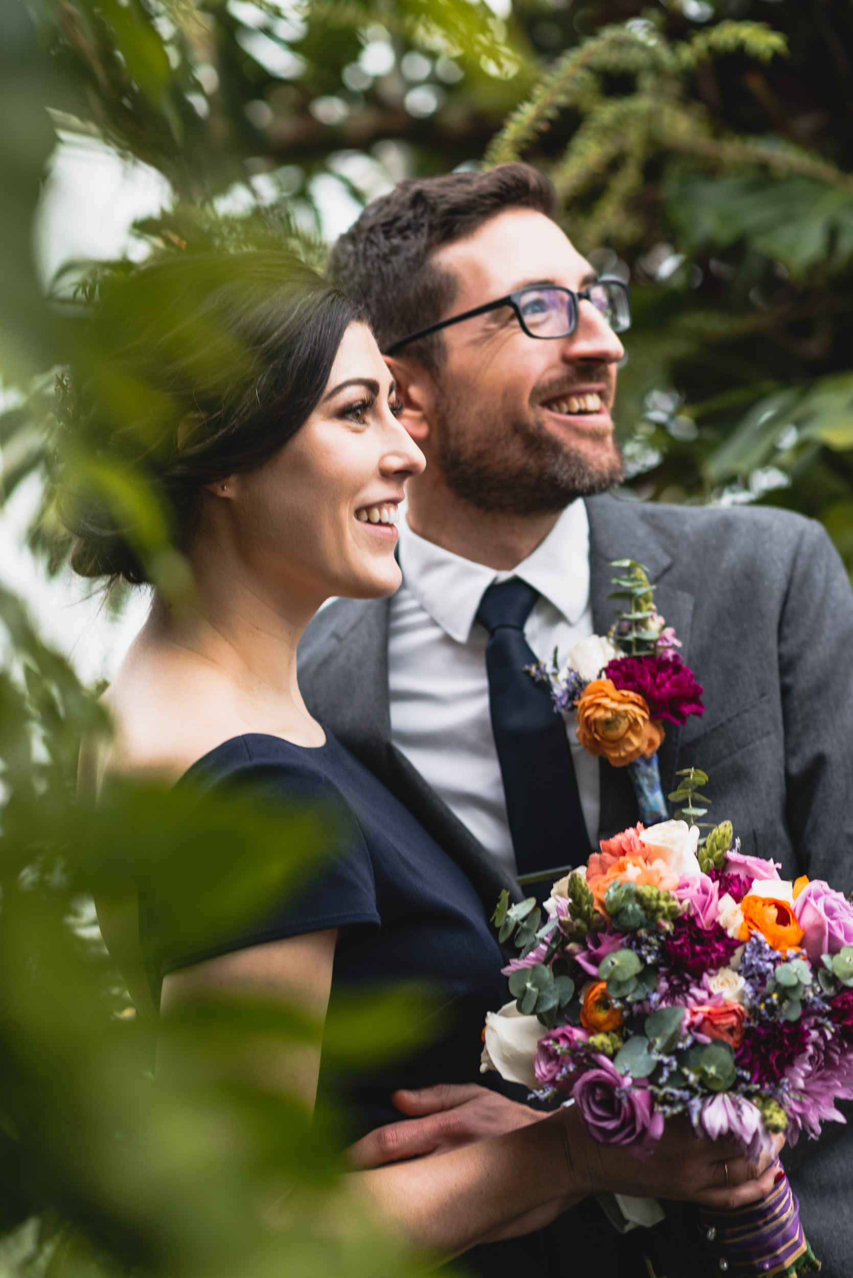 Bride and groom with plants