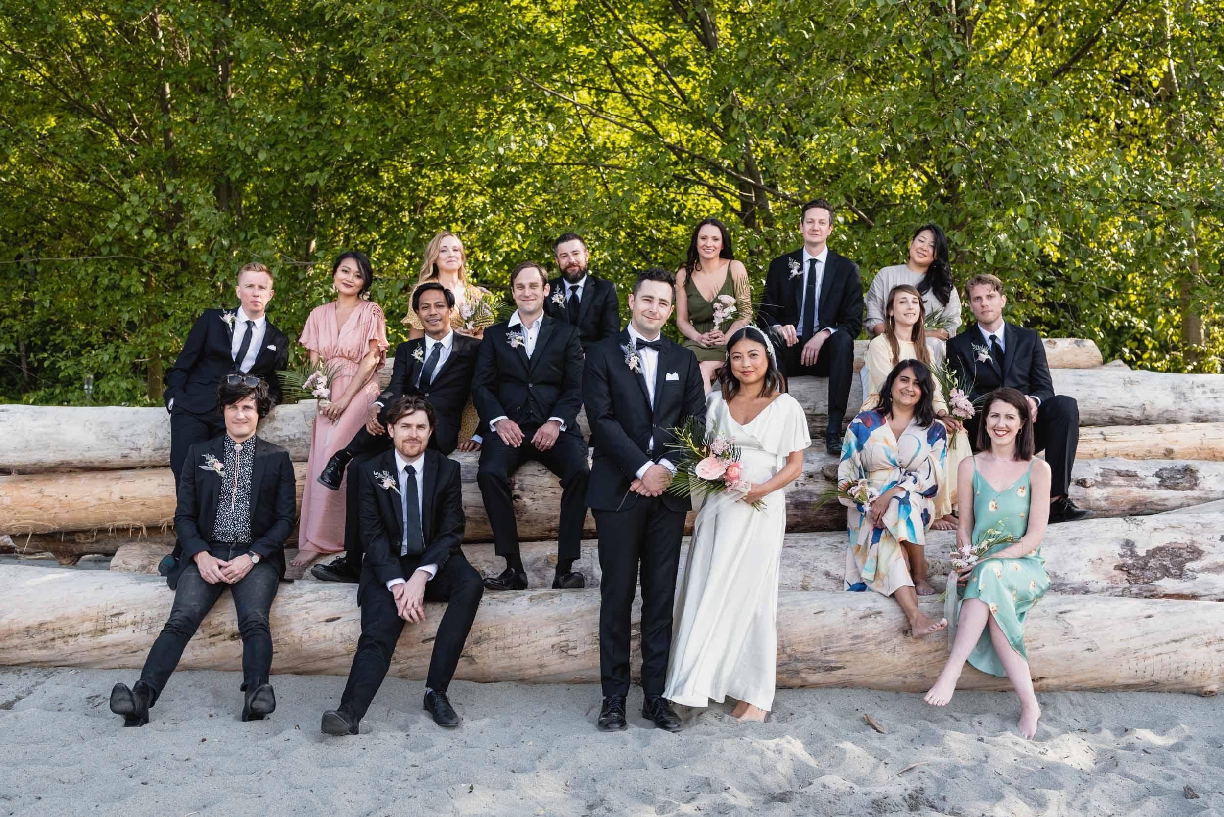 Bridal party at beach with logs