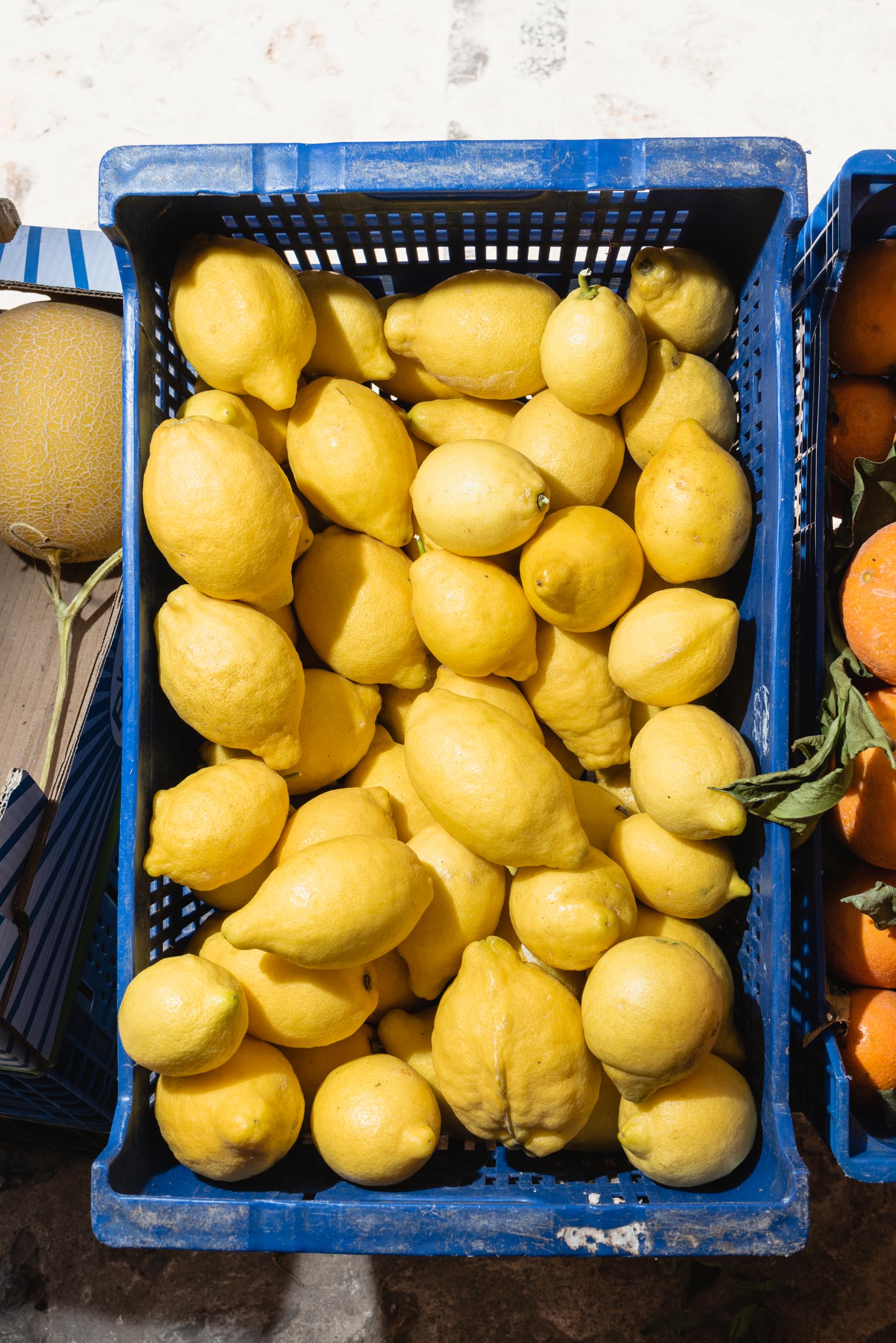 Yellow lemons for sale in blue bin