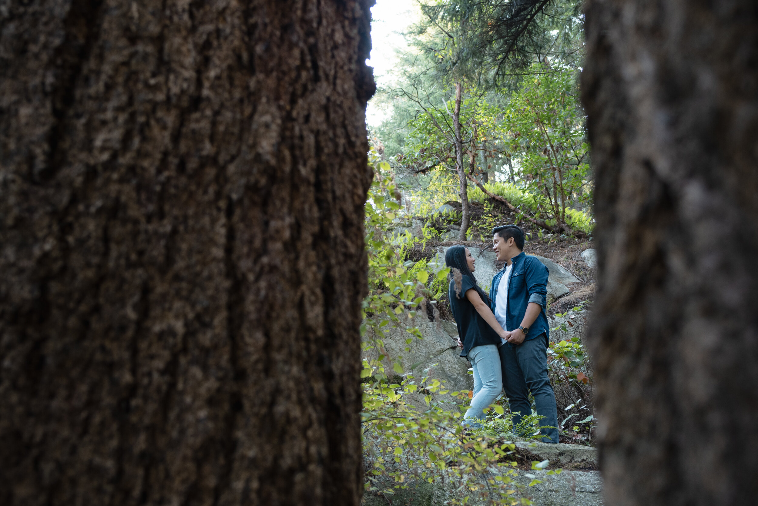 Couple stands together in between trees