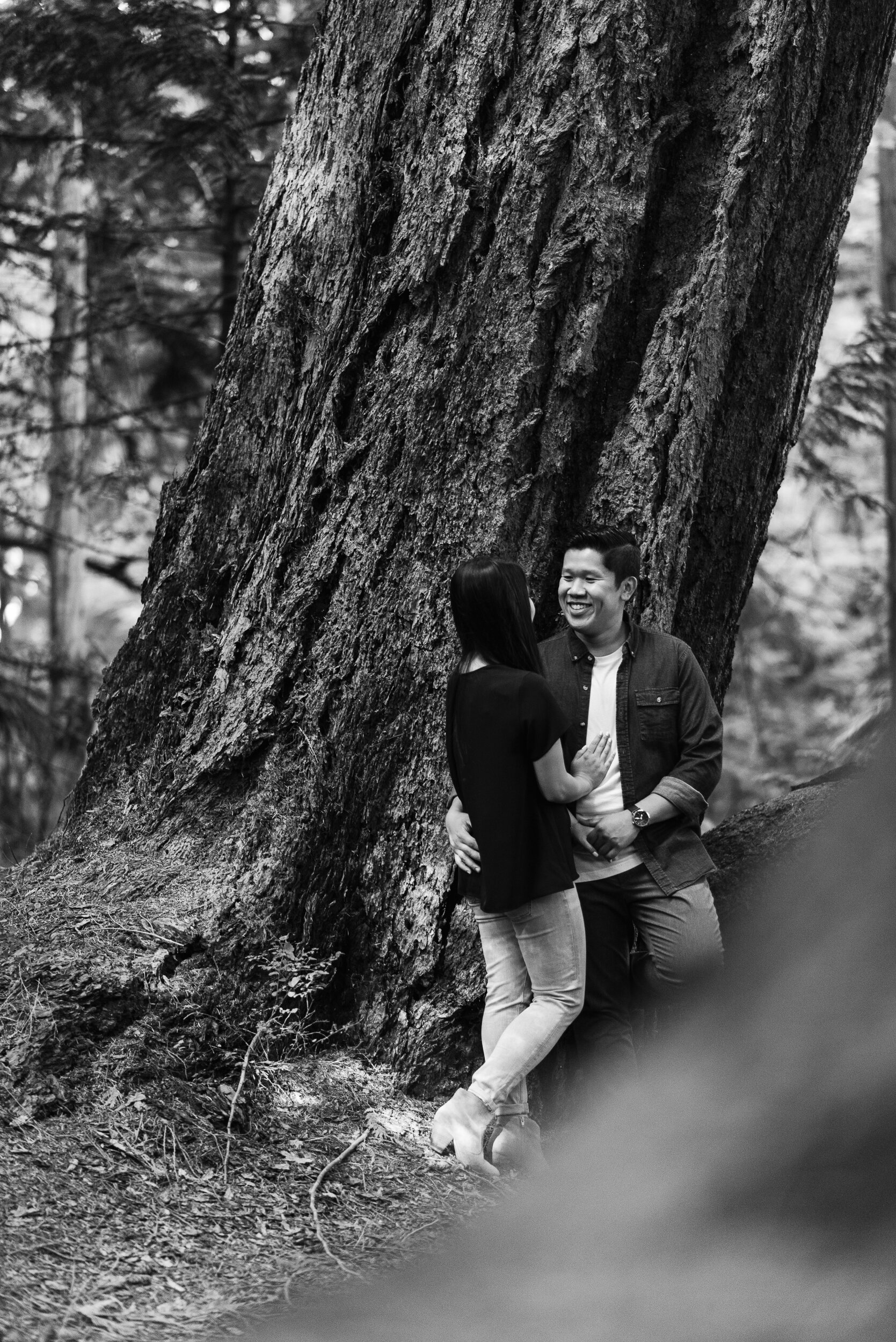 Couple standing next to old growth douglas fir