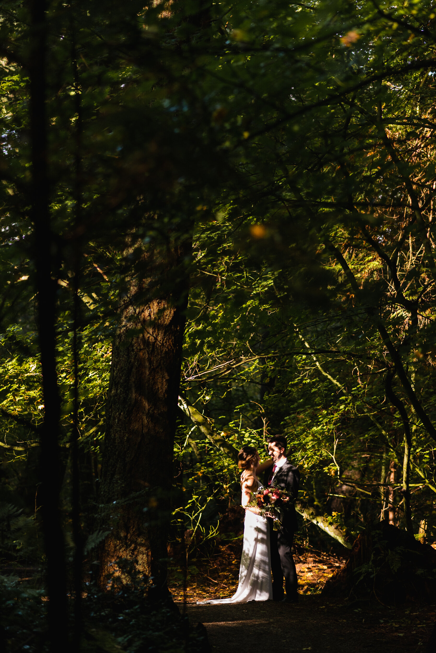 Couple stands in forest dappled light