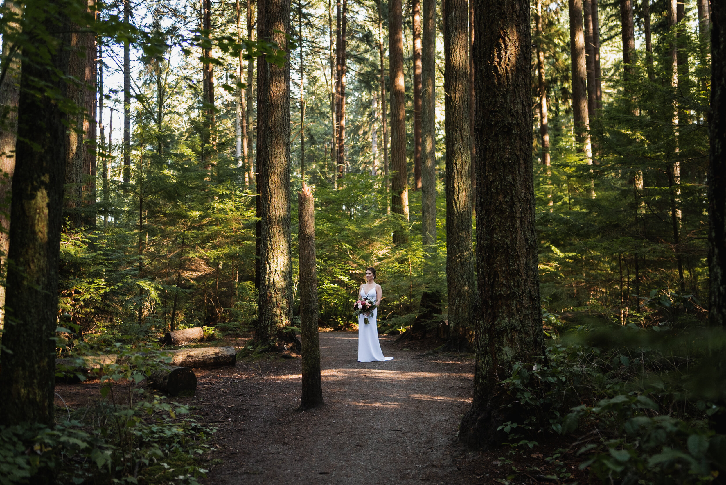 Bride stands in forest