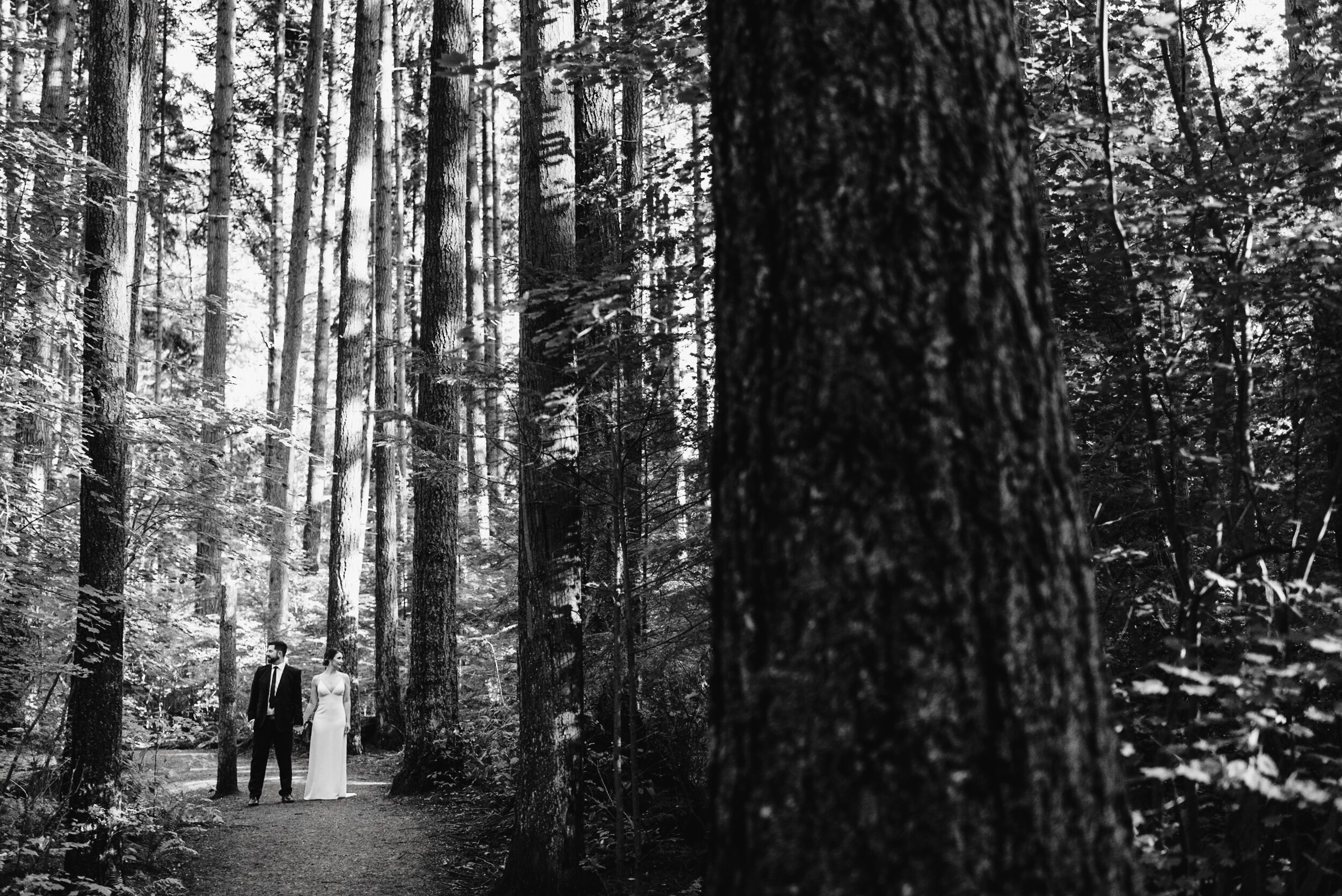 Couple stands in forest black and white