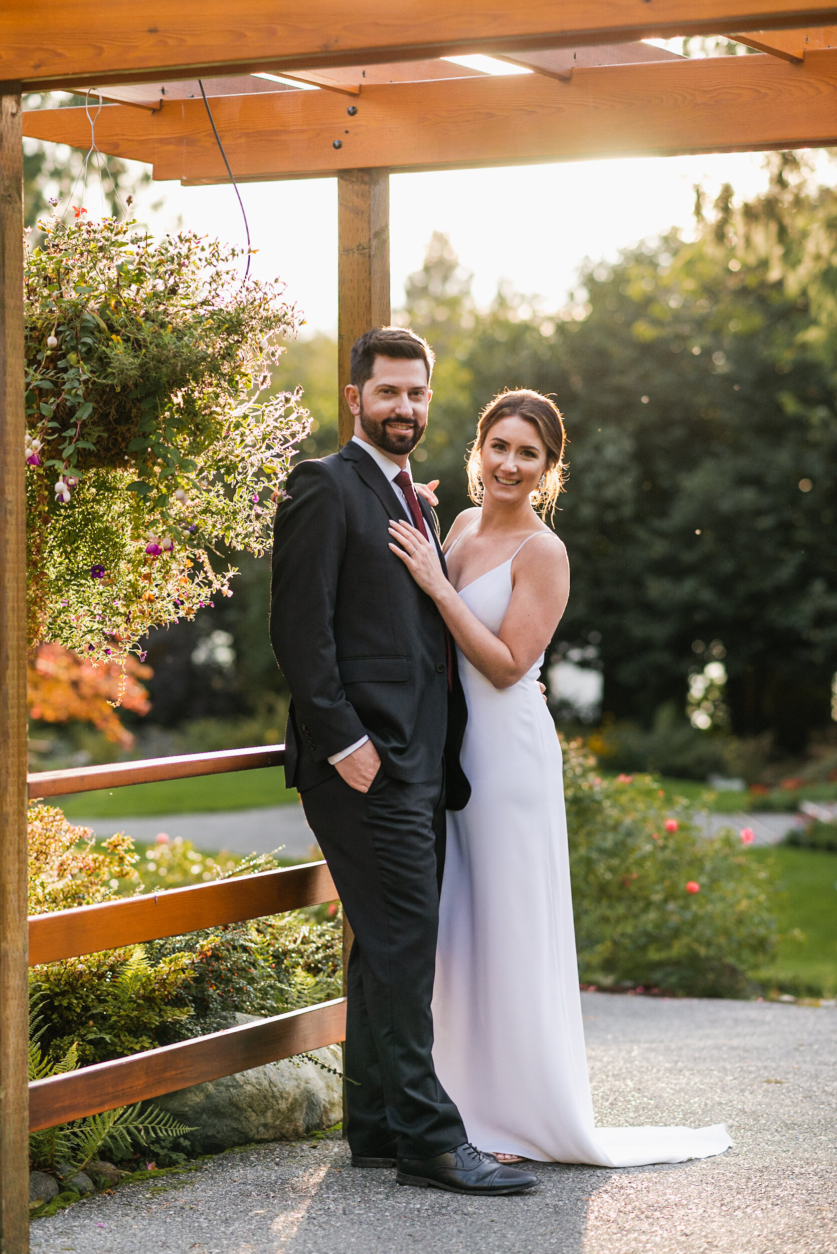 Bride and Groom portrait backlit sunset