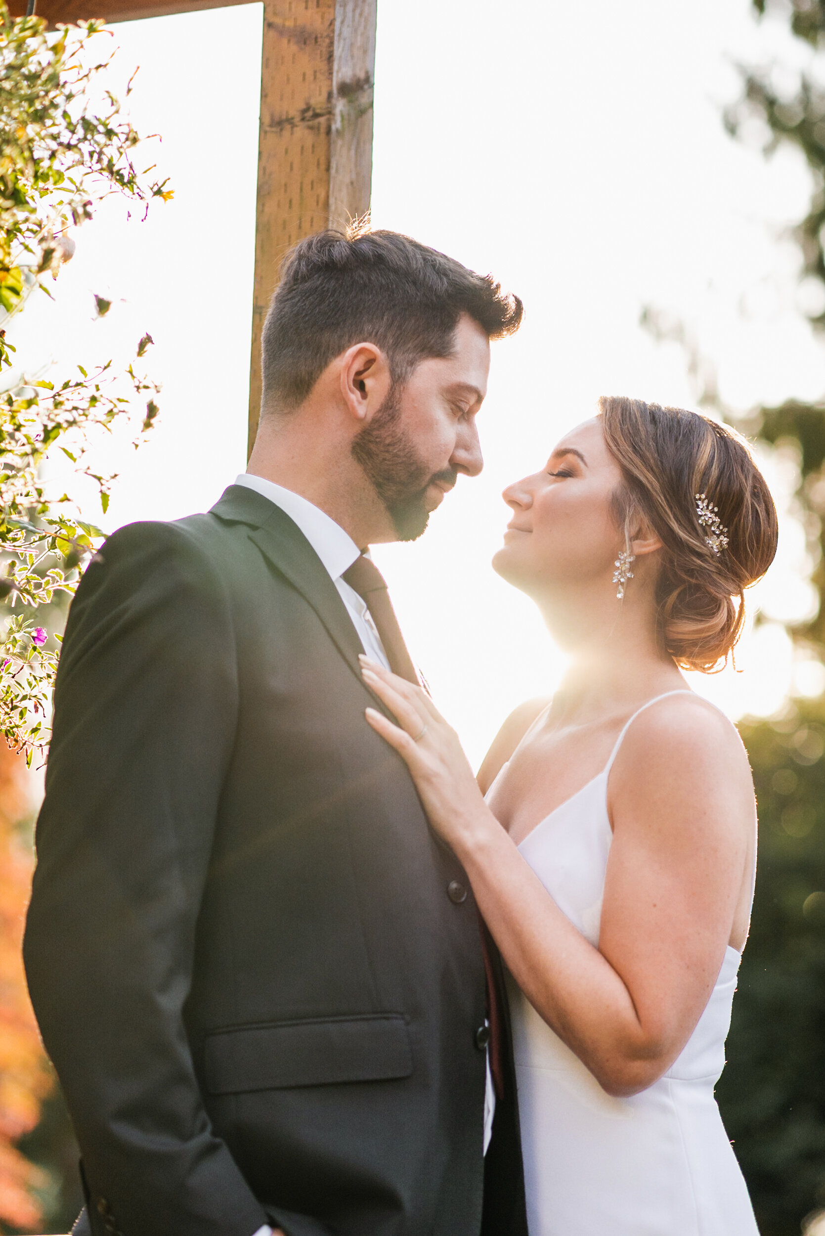 Bride and Groom portrait backlit sunset