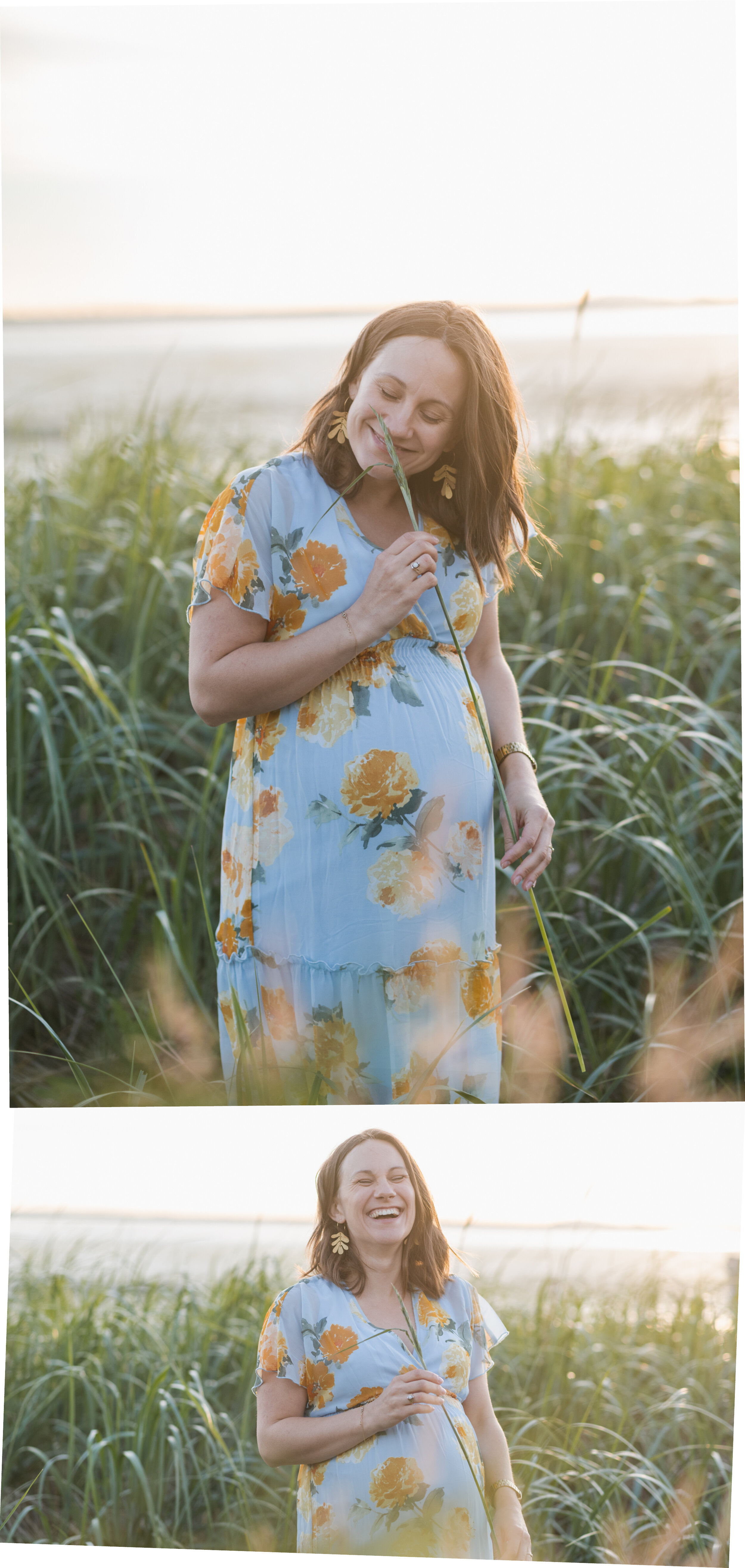 Pregnant woman beach grass sunset laughing