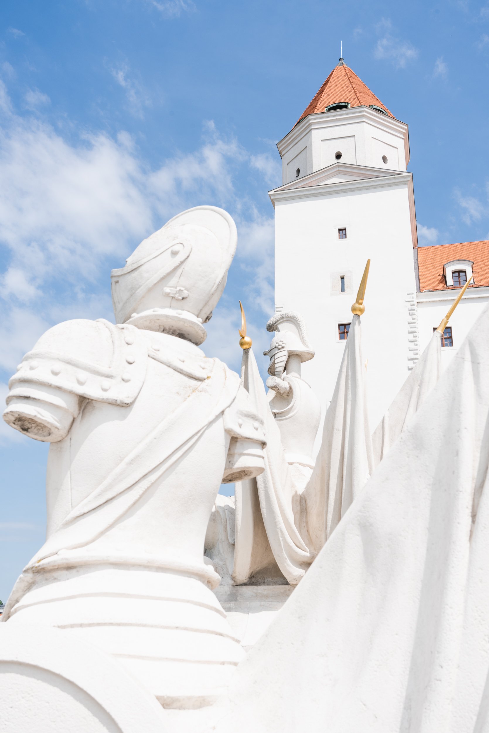 Marble statues in front of Bratislava Castle