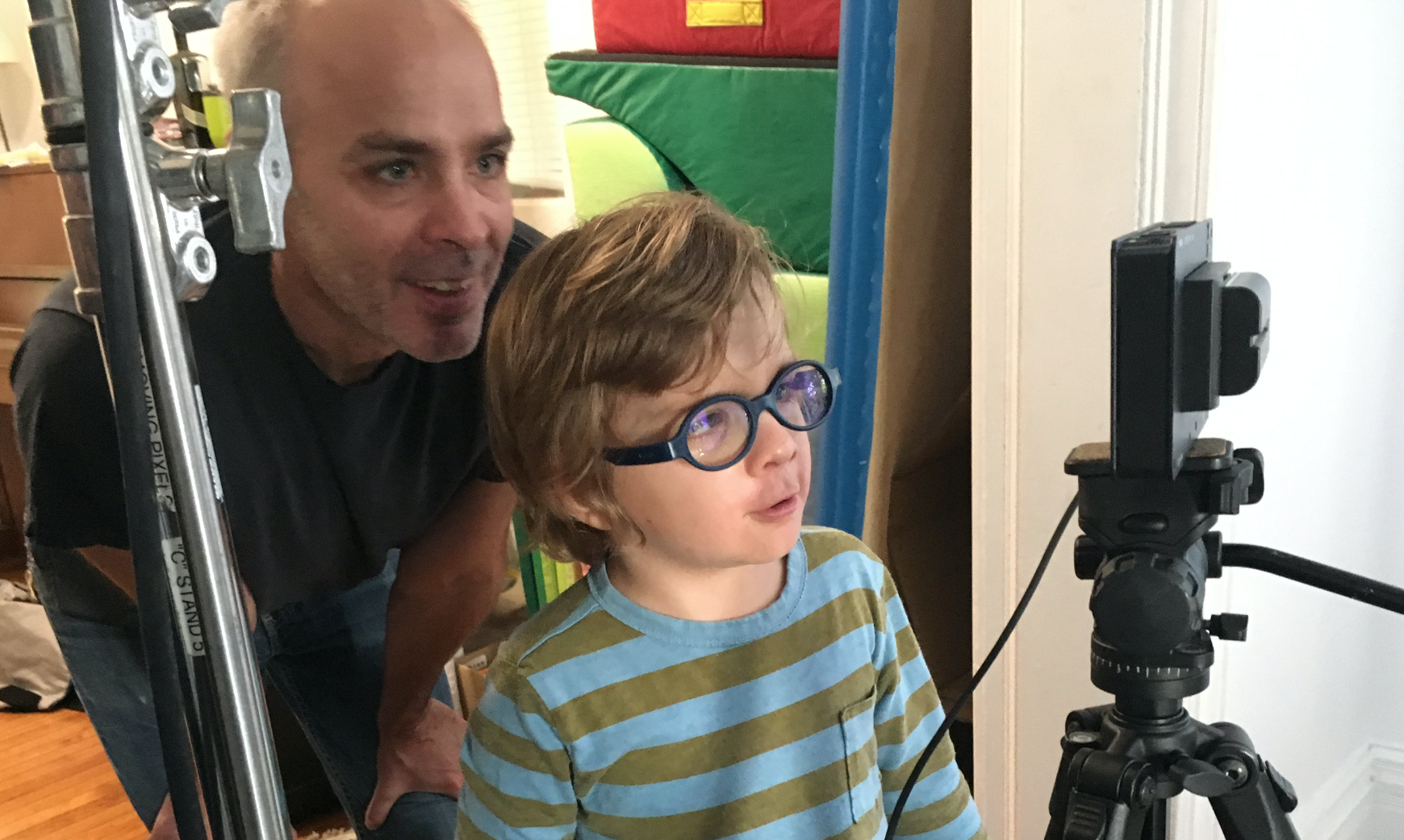 Finn (and dad) monitors the production of his film.