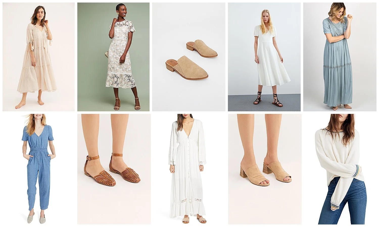 Beginning at the top left: (1) Free People Celestial Skies Midi Dress (2) Shoshanna Beaulieu Lace Dress (3) Free People Vegan Austin Flat (4) Zara Puffy Sleeved Dress (5) Mint Green Embroidered Short Sleeve Maxi Dress (6) Madewell Denim Puff Sleeved Tapered Jumpsuit (7) Free People Irreplaceable Flat (8) Band of Gypsies Baja Lace Trim Long Sleeve Maxi Dress (9) Free People Mersyn Mule (10) Gladwell Rainbow Trim Balloon Sleeve Sweater