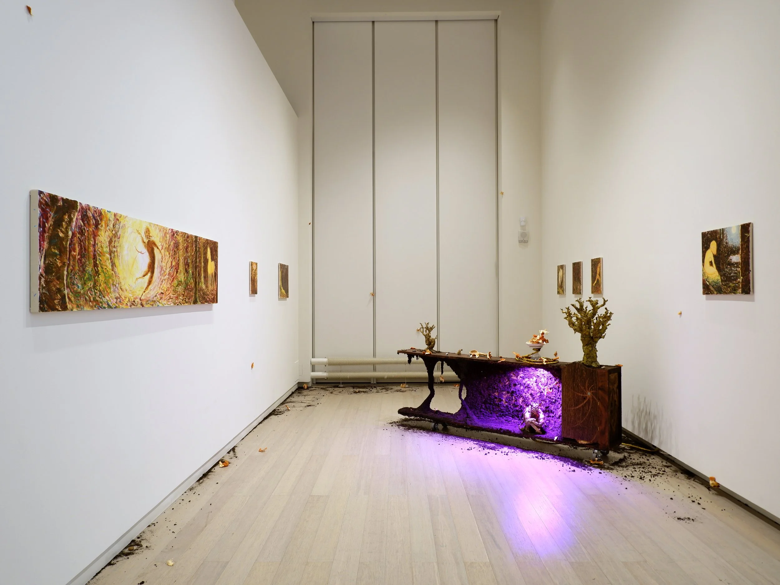  Paintings and a Bookshelf, 2022-2023    An ever-present forest  Soil from 7 gardens  The humming of a Mother  A sun that shines at night  A seed that sprouts on sterile ground  . 