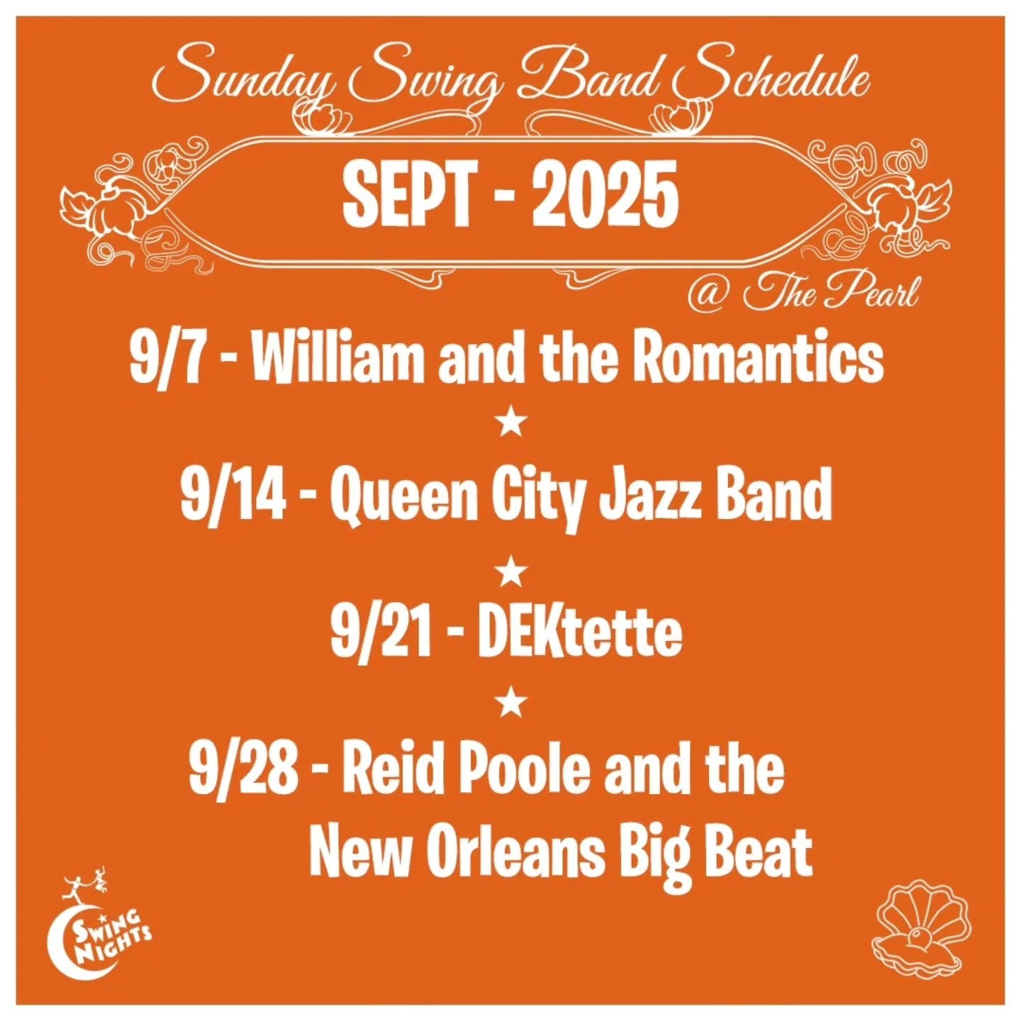 Sunday Swing Band Schedule @thepearldenver for SEPTEMBER 2025
9/7 - William and the Romantics
9/14 - Queen City Jazz Band
9/21 - DEKtette
9/28 - Reid Poole and the New Orleans Big Beat
Classes + Dance $18
5:30 + 6:30 pm classes + 8-11 pm social inclu