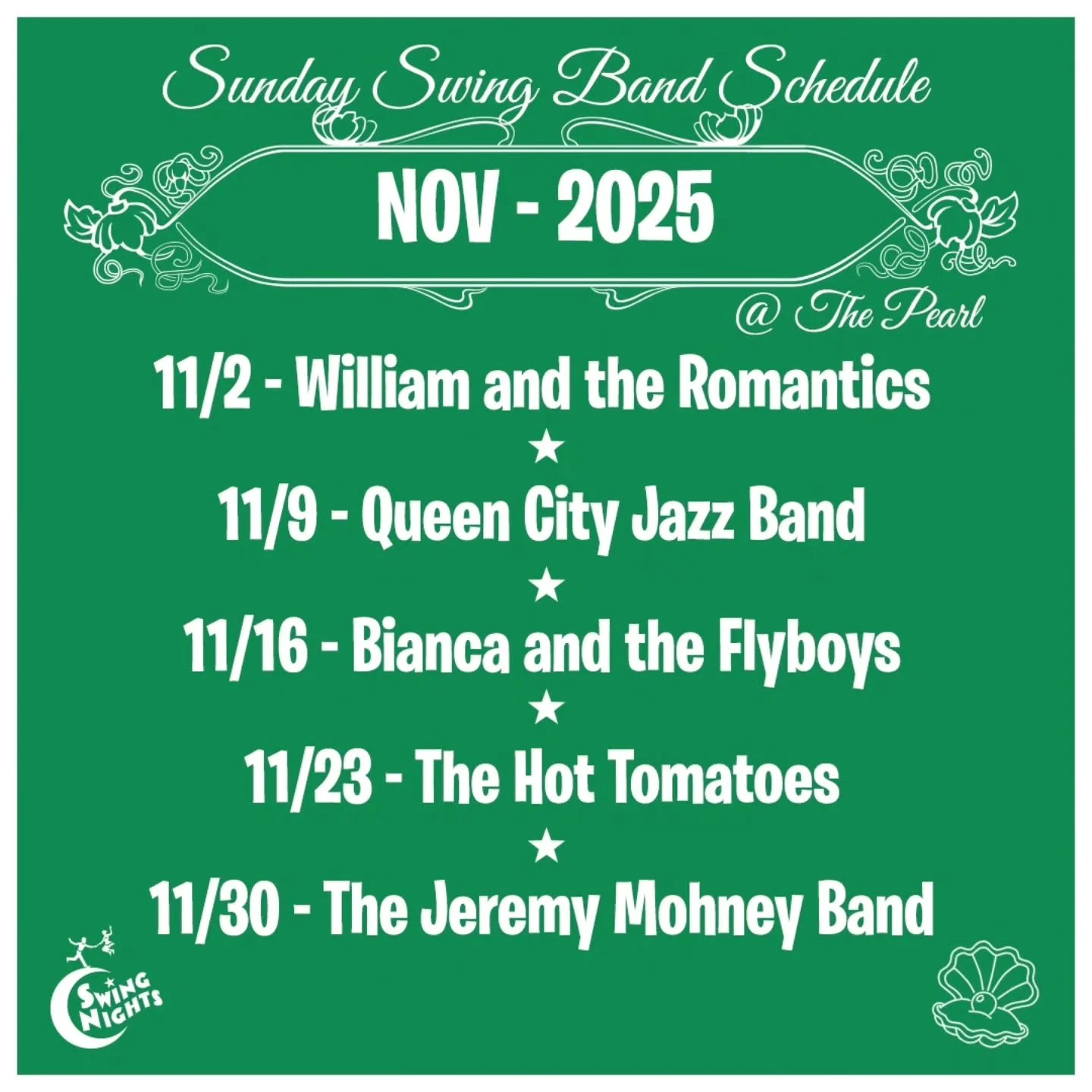 Start your November off right (and keep it going) with Live music and Swing Dance + Lessons every Sunday night! 

Sunday Swing Band Schedule @thepearldenver for NOVEMBER 2025:
11/2 - Wiiliam and the Romantics
11/9 - Queen City Jazz Band
11/16 - Bianc