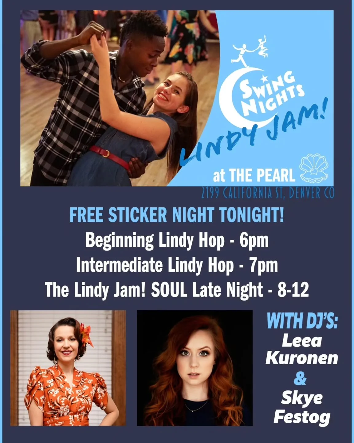 Join us TONIGHT (11/18) for LINDY JAM #187 at The Pearl! Swing out with DJ's Leea Kuronen and Skye Festog (who is DJ'ing a very-special SOUL set)! Dine downstairs in the Rose Room Cafe! Bring your own water bottle. Please stay home if you feel unwell