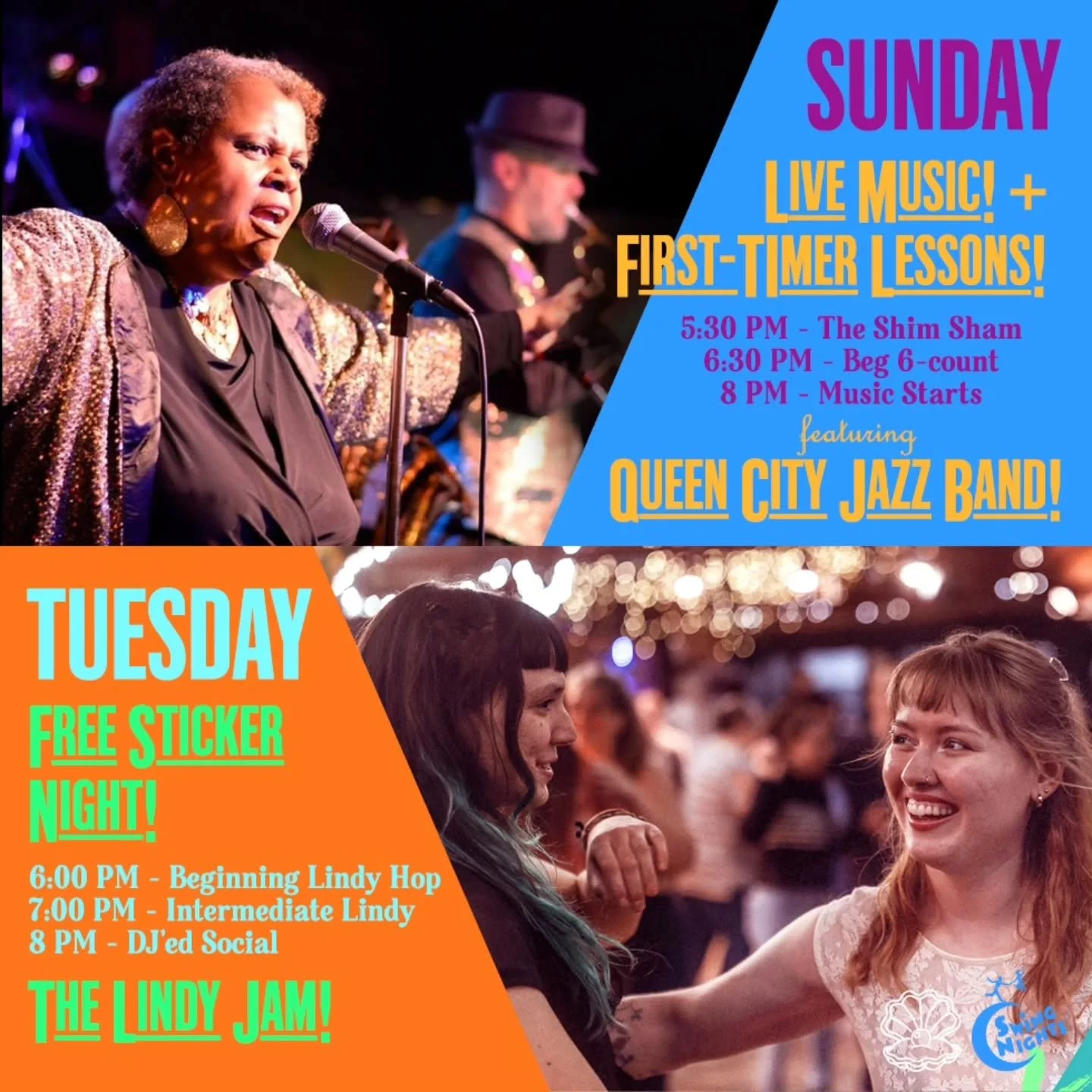 A fun week is ahead! 

Queen City Jazz Band is playing this Sunday (12/14), with two lessons before the show! Come to one class or both: $18 Classes + Dance, $15 Dance only 

Tuesday (12/16), is our FREE STICKER NIGHT (come to the classes or the danc