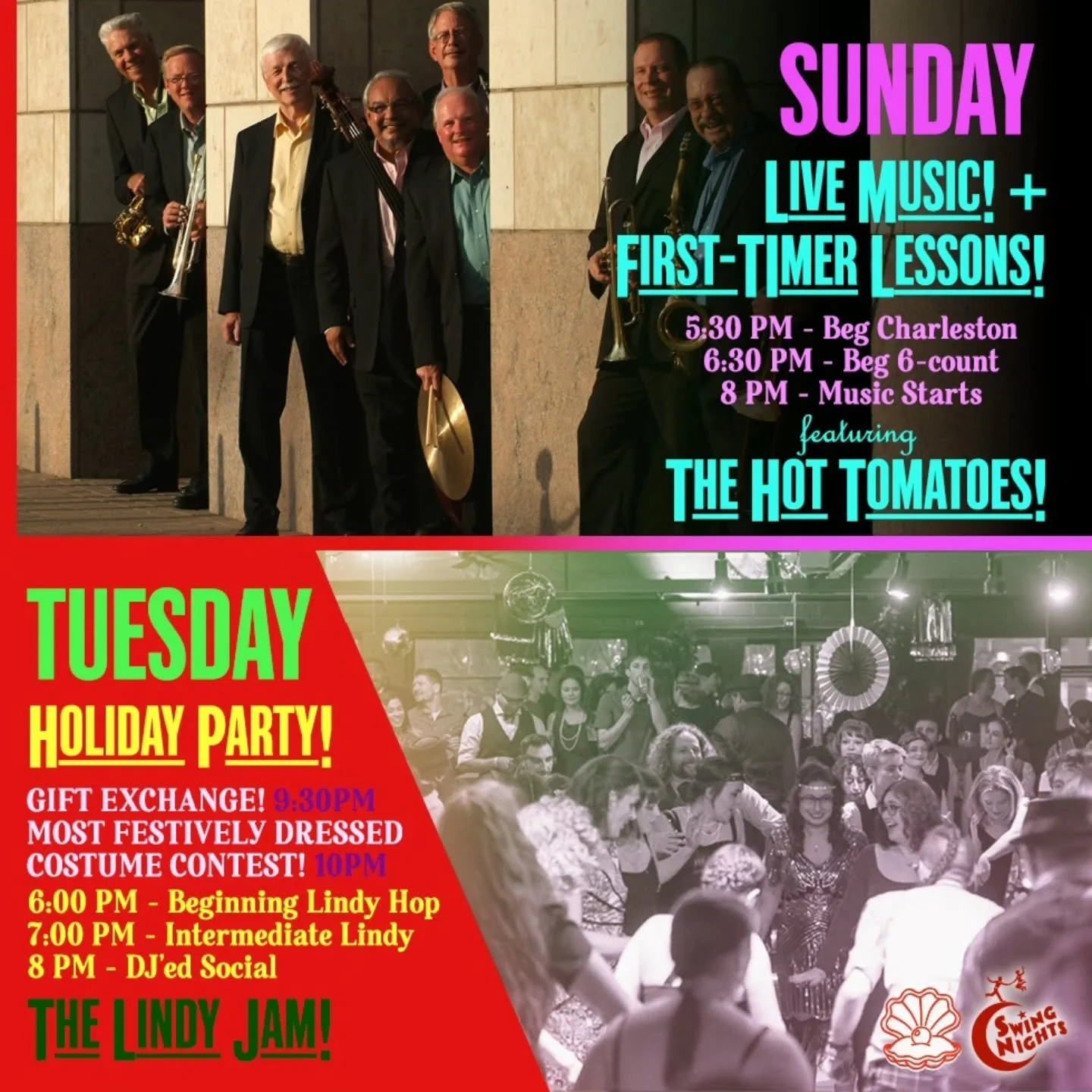 Live Music on Sunday and our Holiday Swing Dance🎉🎁 on Tuesday! Info below:

SUNDAY NIGHT:

Swing out every Sunday at The Pearl, formerly the Mercury Cafe, with LIVE music and dance lessons each week! Join our vibrant community!

Whether it&rsquo;s 