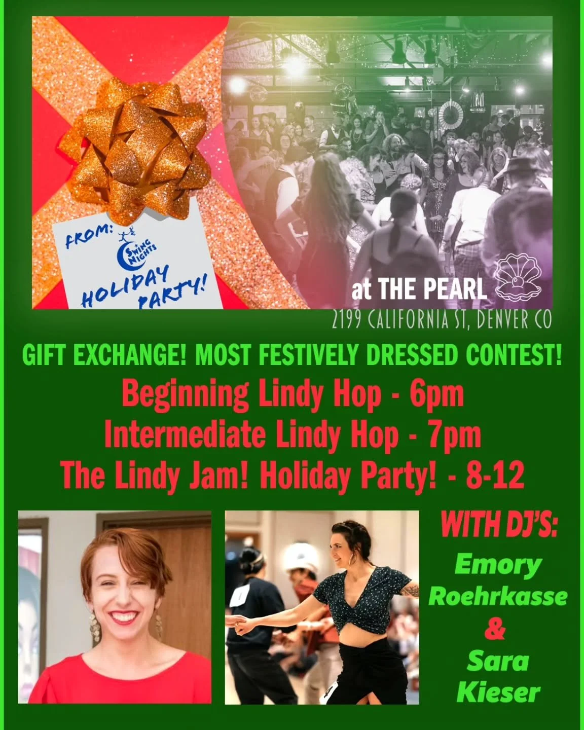 Join us TONIGHT (12/23) for the Swing Night's Holiday Party at LINDY JAM no. 192 and The Pearl! Swing out with DJ's Emory Roehrkasse and Sara Kieser! Dine downstairs in the Rose Room Cafe! Bring your own water bottle. Please stay home if you feel unw