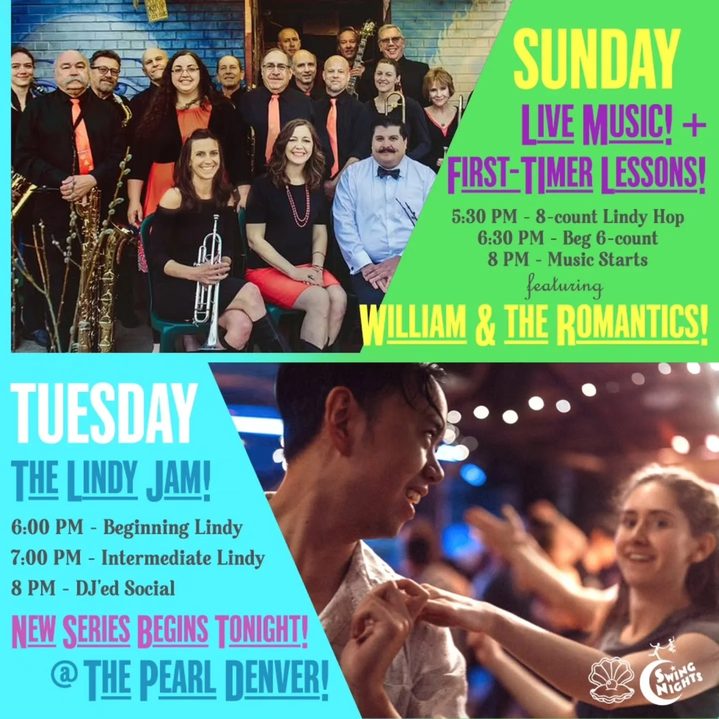 NEW YEAR! NEW CLASSES! Live Music on Sunday and our January Lindy Hop series refreshes on Tuesday night! Info below:

SUNDAY NIGHT:

Swing out every Sunday at The Pearl, formerly the Mercury Cafe, with LIVE music and dance lessons each week! Join our