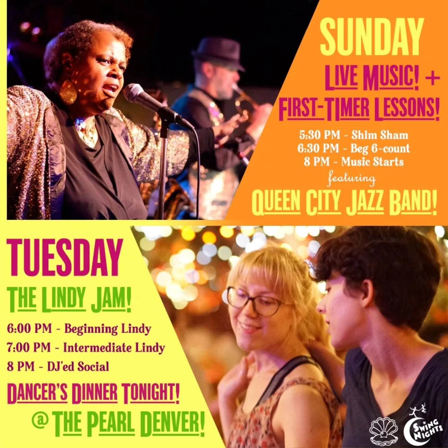 Hope to see you in our week ahead! All the info below:

SUNDAY NIGHT:

Swing out every Sunday at The Pearl, formerly the Mercury Cafe, with LIVE music and dance lessons each week! Join our vibrant community!

Queen City Jazz Band has entertained danc