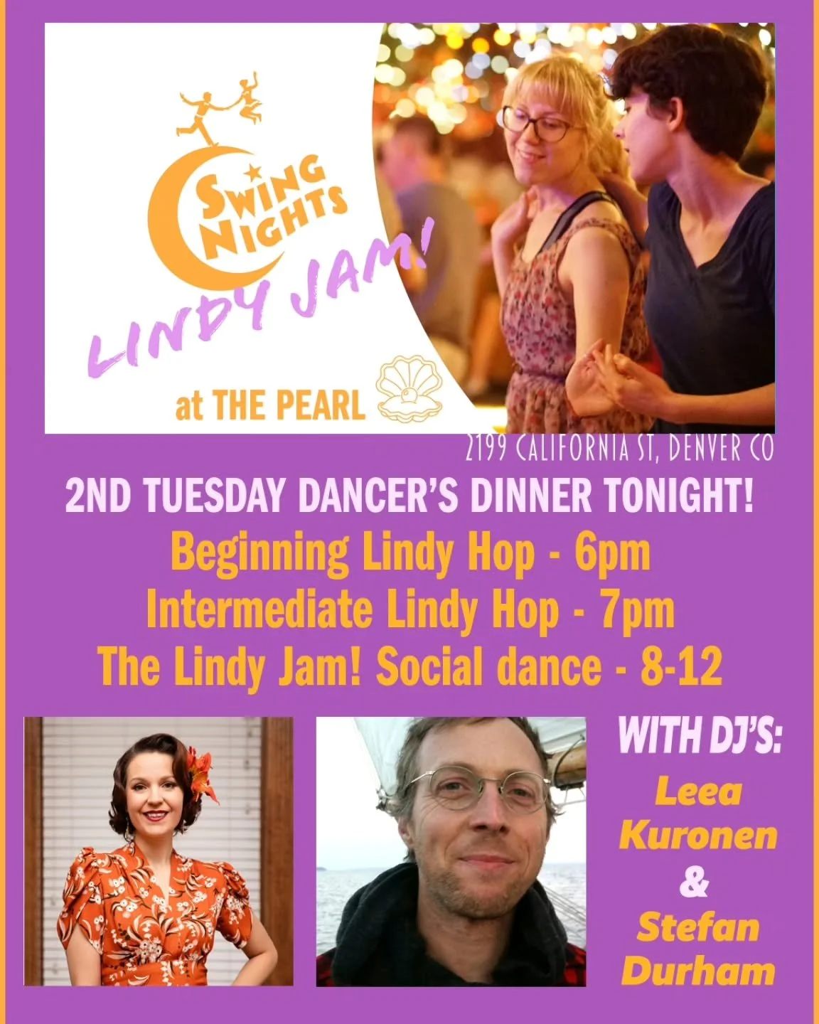 Join us TONIGHT (1/13) for LINDY JAM #195 and The Pearl! Swing out with DJ's Leea Kuronen and Stefan Durham! Bring your own water bottle. Please stay home if you feel unwell! Be safe, have fun! 8-close, $13.

DANCER'S DINNER: The meet-up is happening