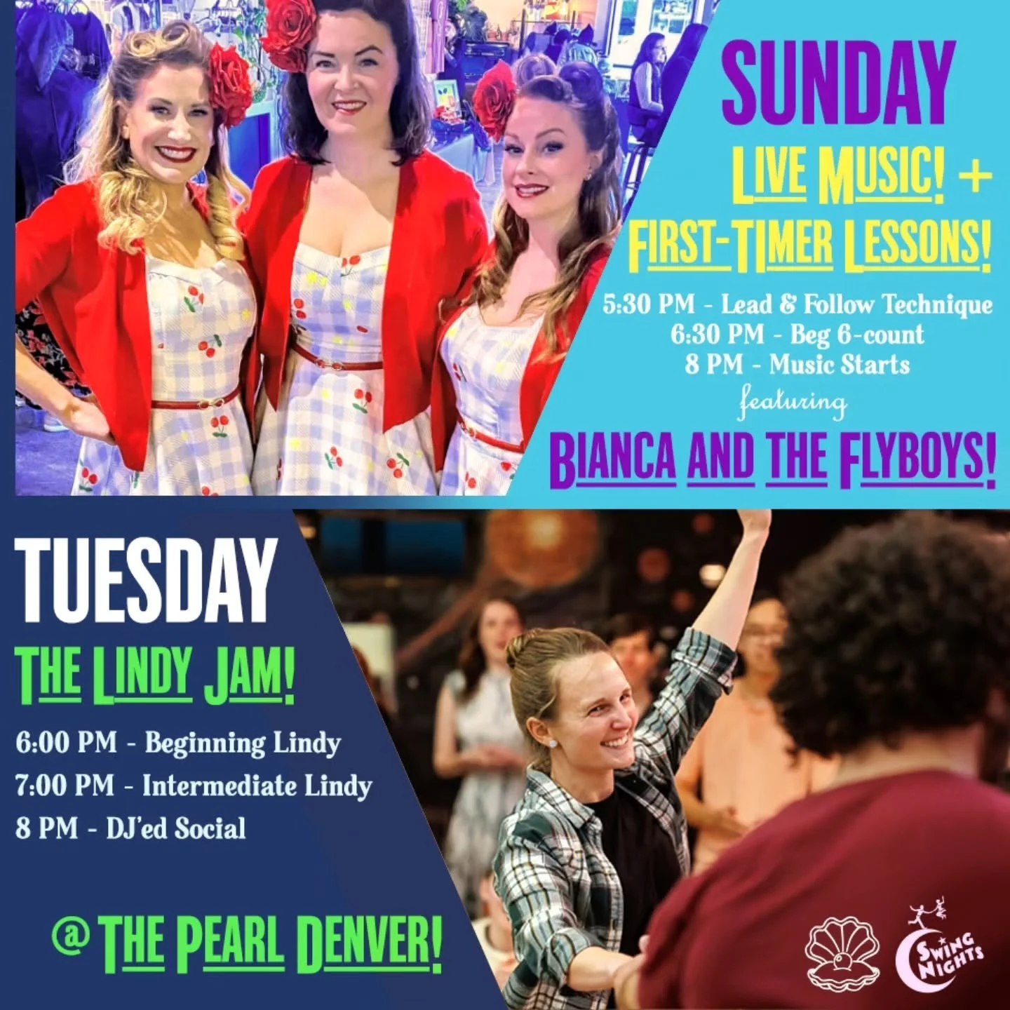 Come dance with us this week! Here&rsquo;s what we have coming up:

SUNDAY NIGHT:

Swing out every Sunday at The Pearl, formerly the Mercury Cafe, with LIVE music and dance lessons each week! Join our vibrant community!

Bianca and the Flyboys are a 