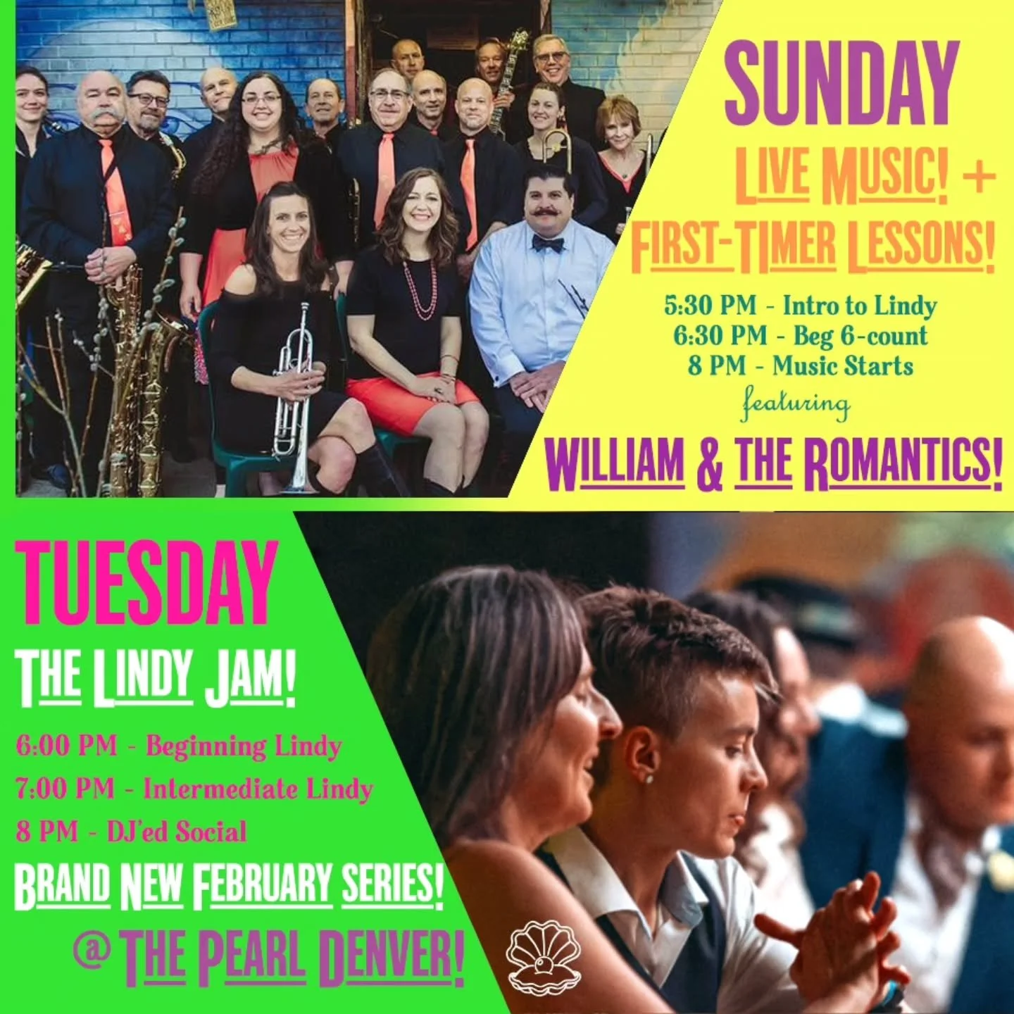 Come dance with us this week! Here&rsquo;s what we have coming up:

SUNDAY NIGHT:

Swing out every Sunday at The Pearl, formerly the Mercury Cafe, with LIVE music and dance lessons each week! Join our vibrant community!

William and the Romantics, a 