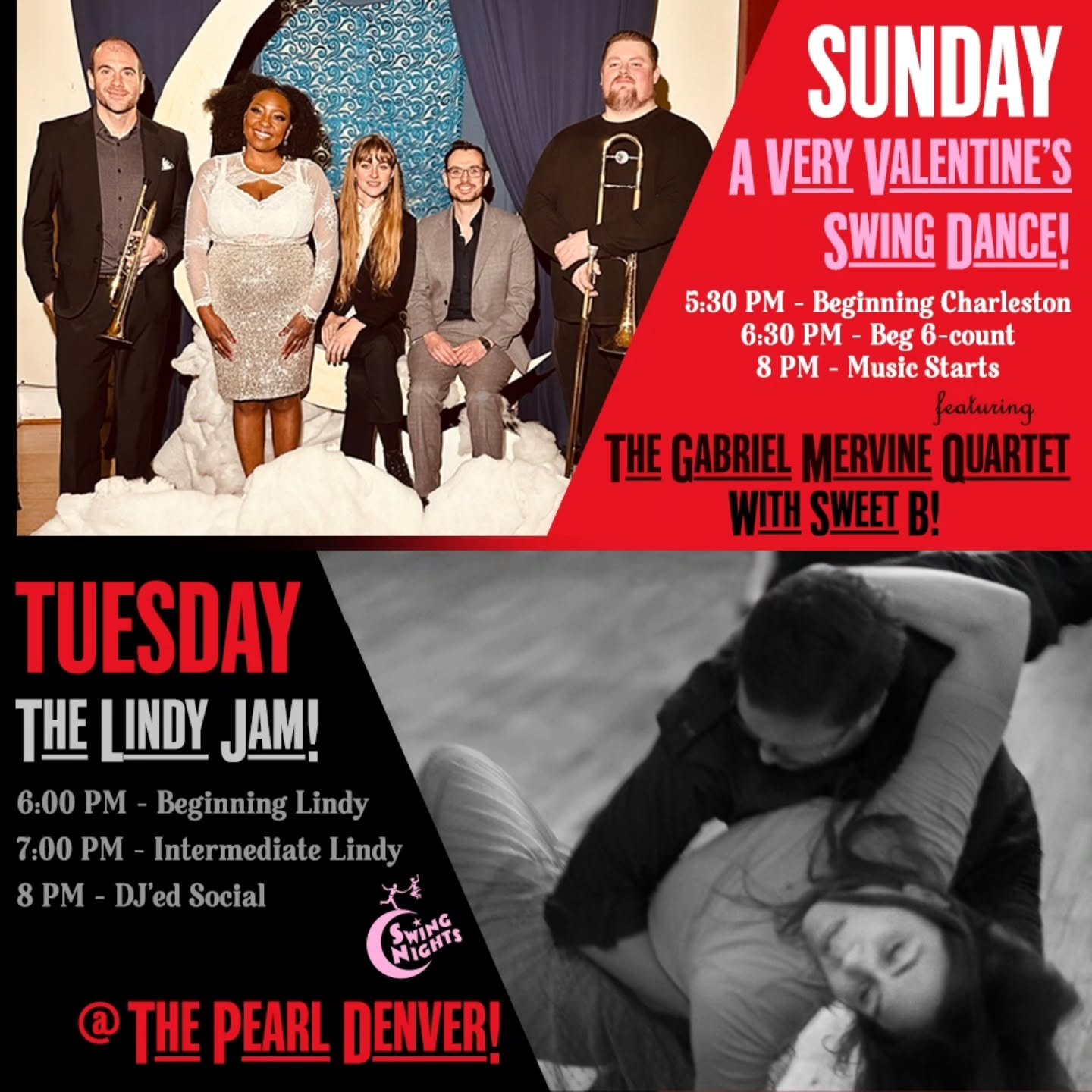 Happy Valentine&rsquo;s Day! Our Valentine&rsquo;s Dance is Sunday and FREE STICKER NIGHT is this Tuesday:

SUNDAY

Dress your best for our Very Valentine&rsquo;s Swing Dance with The Gabriel Mervine Quartet featuring Sweet B! Don't miss the soaring 
