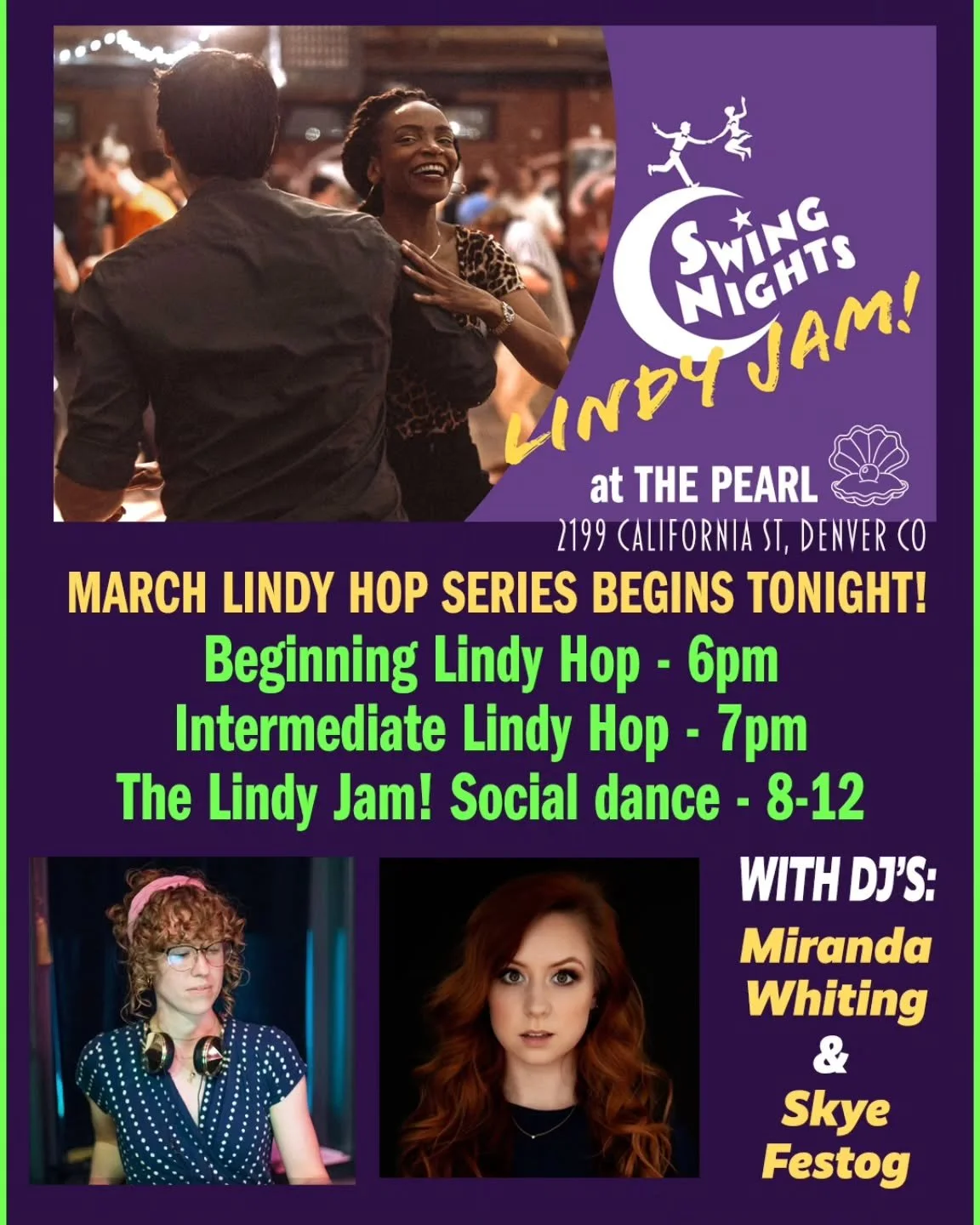 Join us TONIGHT (3/3) for LINDY JAM no. 202 at The Pearl! Swing out with DJ's Miranda Whiting and Skye Festog! Bring your own emptied water bottle, and bags are screened at the door. Please be kind to security staff, and stay home if you feel unwell!