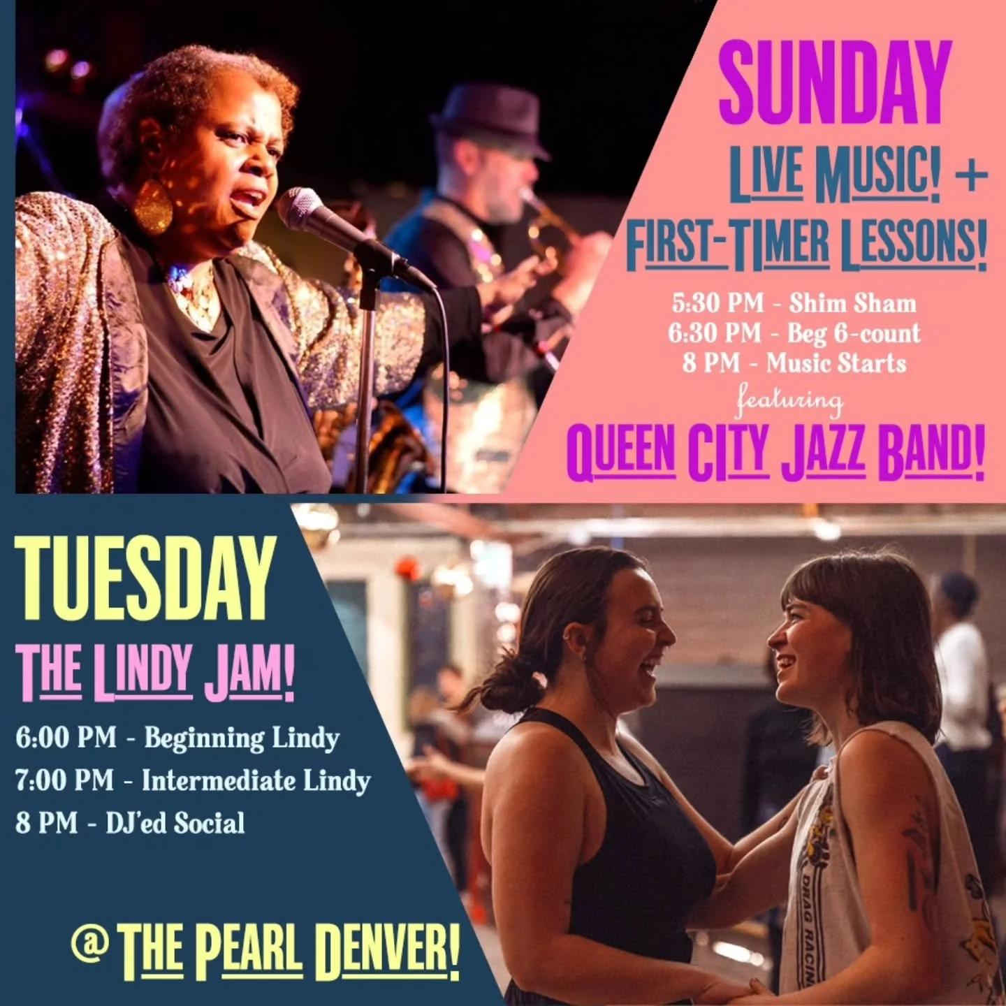 Dance with us! Here's what we have going on this week:

SUNDAY:

Swing out every Sunday at The Pearl, formerly the Mercury Cafe, with LIVE music and dance lessons each week! Join our vibrant community!

Queen City Jazz Band has entertained dancers an