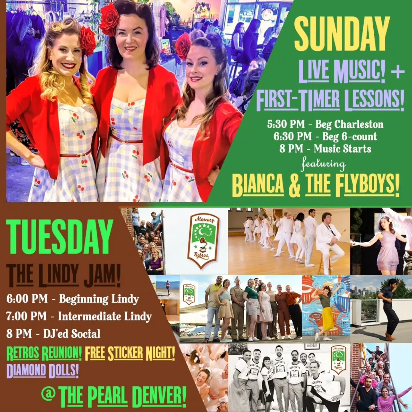 A look to the week ahead! Come dance with us!

SUNDAY:

Swing out every Sunday at The Pearl, formerly the Mercury Cafe, with LIVE music and dance lessons each week! Join our vibrant community!

Bianca and the Flyboys are a CO big band that&rsquo;ll g