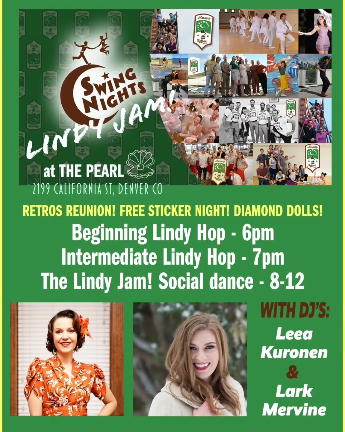 Join us TONIGHT (3/17) for LINDY JAM no. 204 at The Pearl! Swing out with DJ's Leea Kuronen &amp; Lark Mervine, with a special performance by the Diamond Dolls at 10! Bring your own emptied water bottle, and bags are screened at the door. Please be k