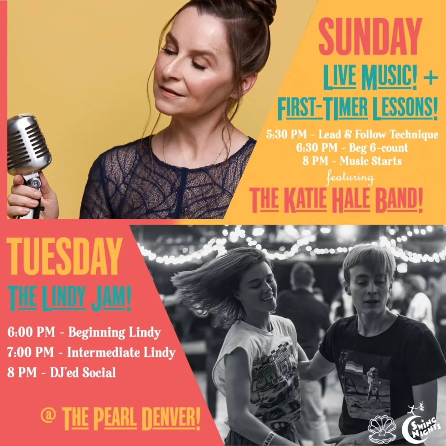 Come dance with us this week! Here&rsquo;s what we have coming up:

SUNDAY:

Swing out every Sunday at The Pearl, formerly the Mercury Cafe, with LIVE music and dance lessons each week! Join our vibrant community!

The Katie Hale Band brings swing to