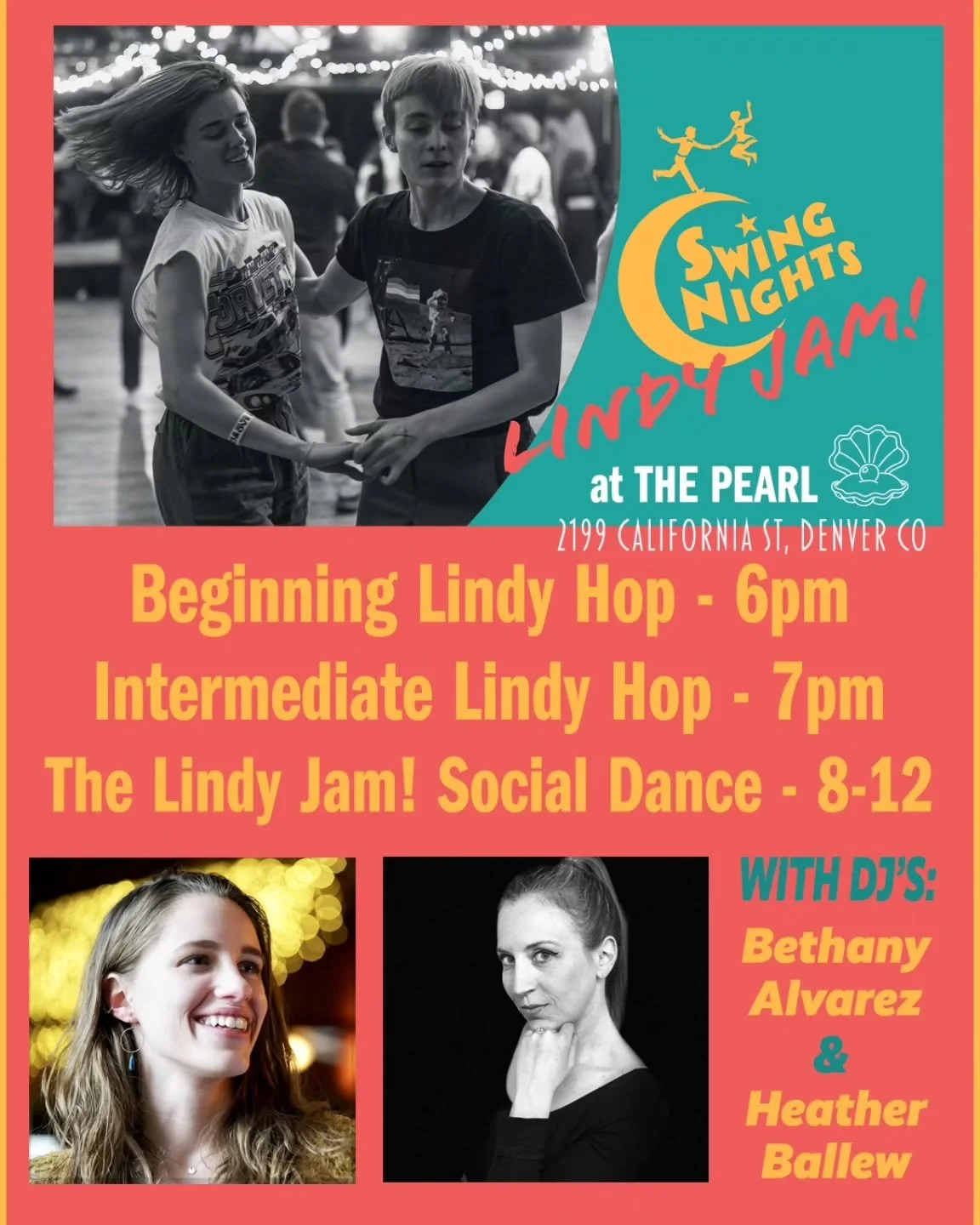 Join us TONIGHT (3/24) for LINDY JAM no. 205 at The Pearl! Swing out with DJ's Bethany Alvarez &amp; Heather Ballew! Bring an ID, your own emptied water bottle, and bags are screened at the door. Please be kind to security staff, and stay home if you