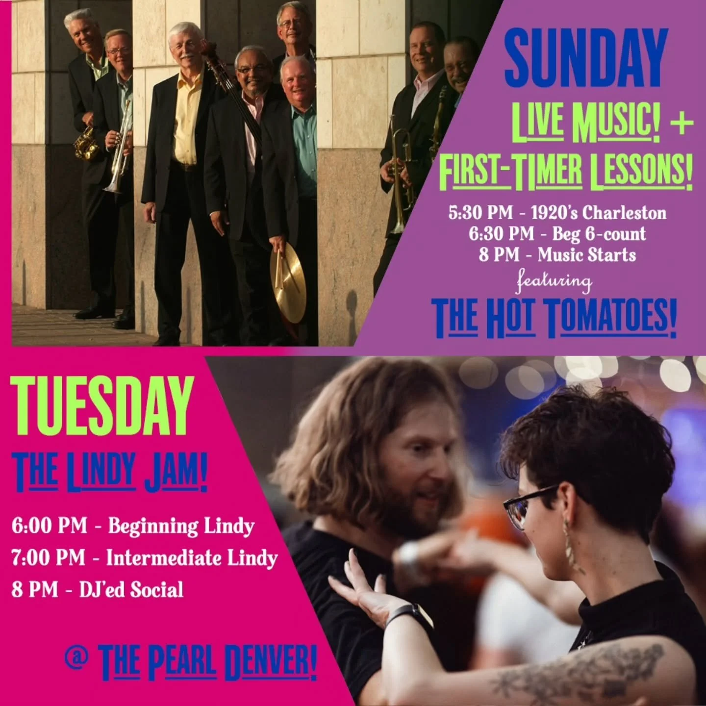 Come dance with us this week! Here&rsquo;s what we have coming up, starting TONIGHT:

SUNDAY:

Swing dance TONIGHT (3/29) with The Hot Tomatoes at The Pearl Denver! We're teaching Beginning 1920's Charleston at 5:30 pm, Beginning 6-count at 6:30 pm, 