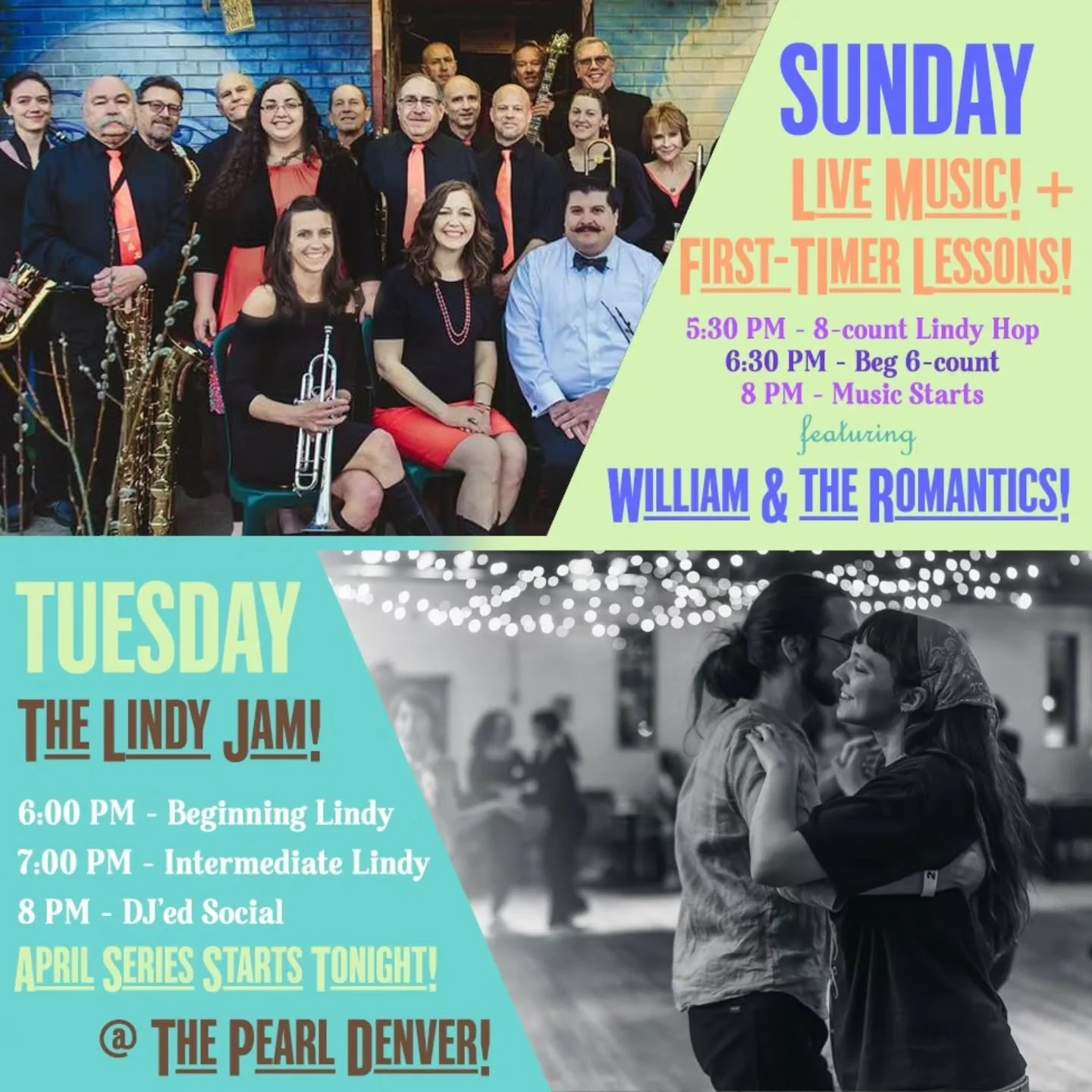 Come dance with us this week! A new progressive Lindy Hop series starts this Tuesday:

SUNDAY:

Swing out every Sunday at The Pearl, formerly the Mercury Cafe, with LIVE music and dance lessons each week! Join our vibrant community!

William and the 