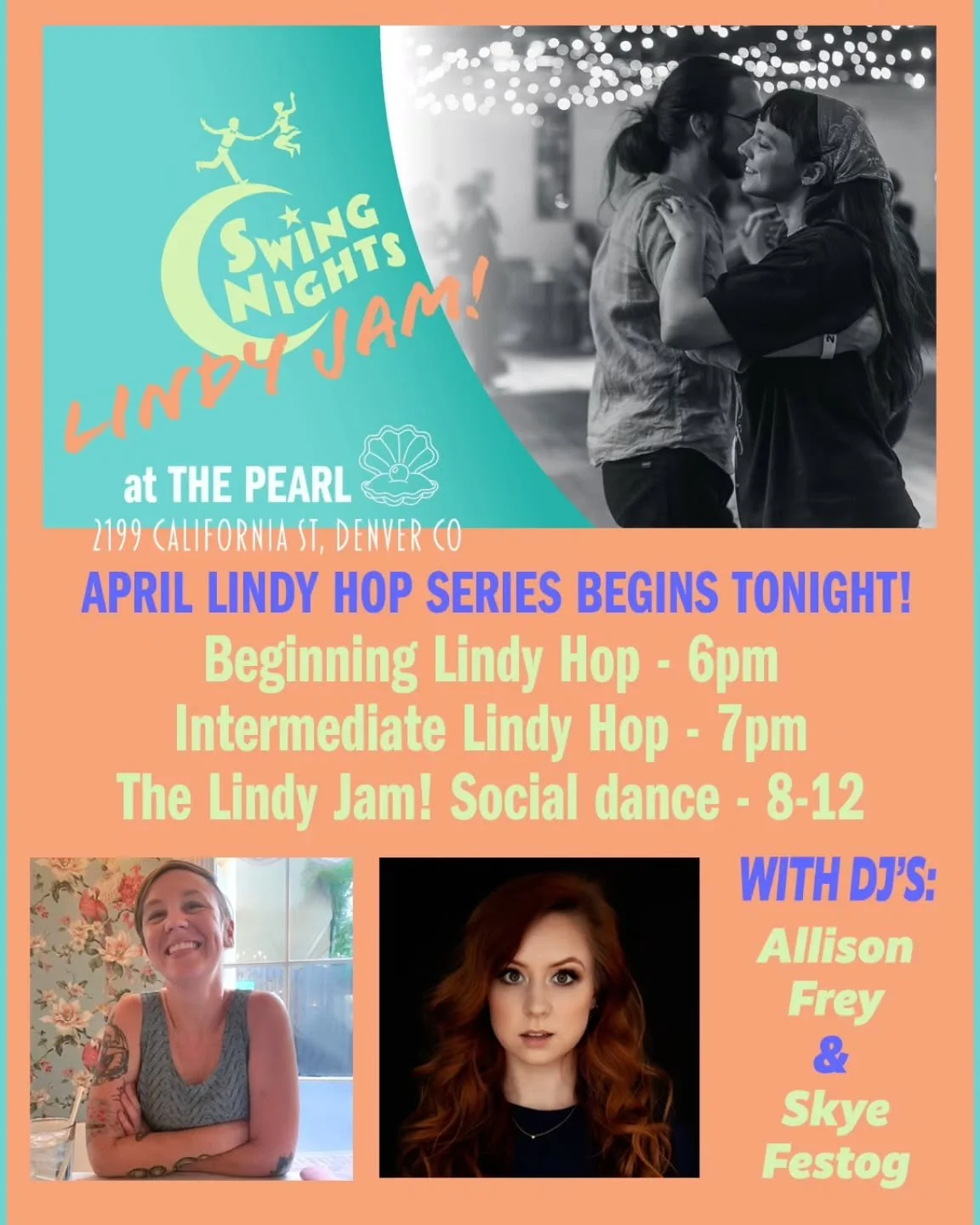 Join us TONIGHT (4/7) for LINDY JAM no. 207 at The Pearl! Swing out with DJ's Allison Frey &amp; Skye Festog! Bring your own emptied water bottle, and bags are screened at the door. Please be kind to security staff, and stay home if you feel unwell! 