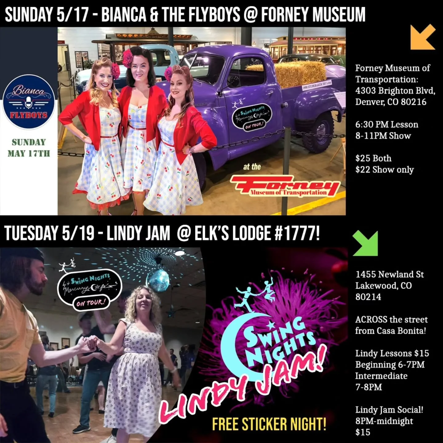 Fun week ahead! Hope to see you at our next events on the Tour! And don't miss Free Sticker Night on Tuesday! 🚍 🎉

SUNDAY:

Bianca and the Flyboys are hitting the road with "Swing Nights Mercury Cafe On Tour!" Join us for a night of lesso