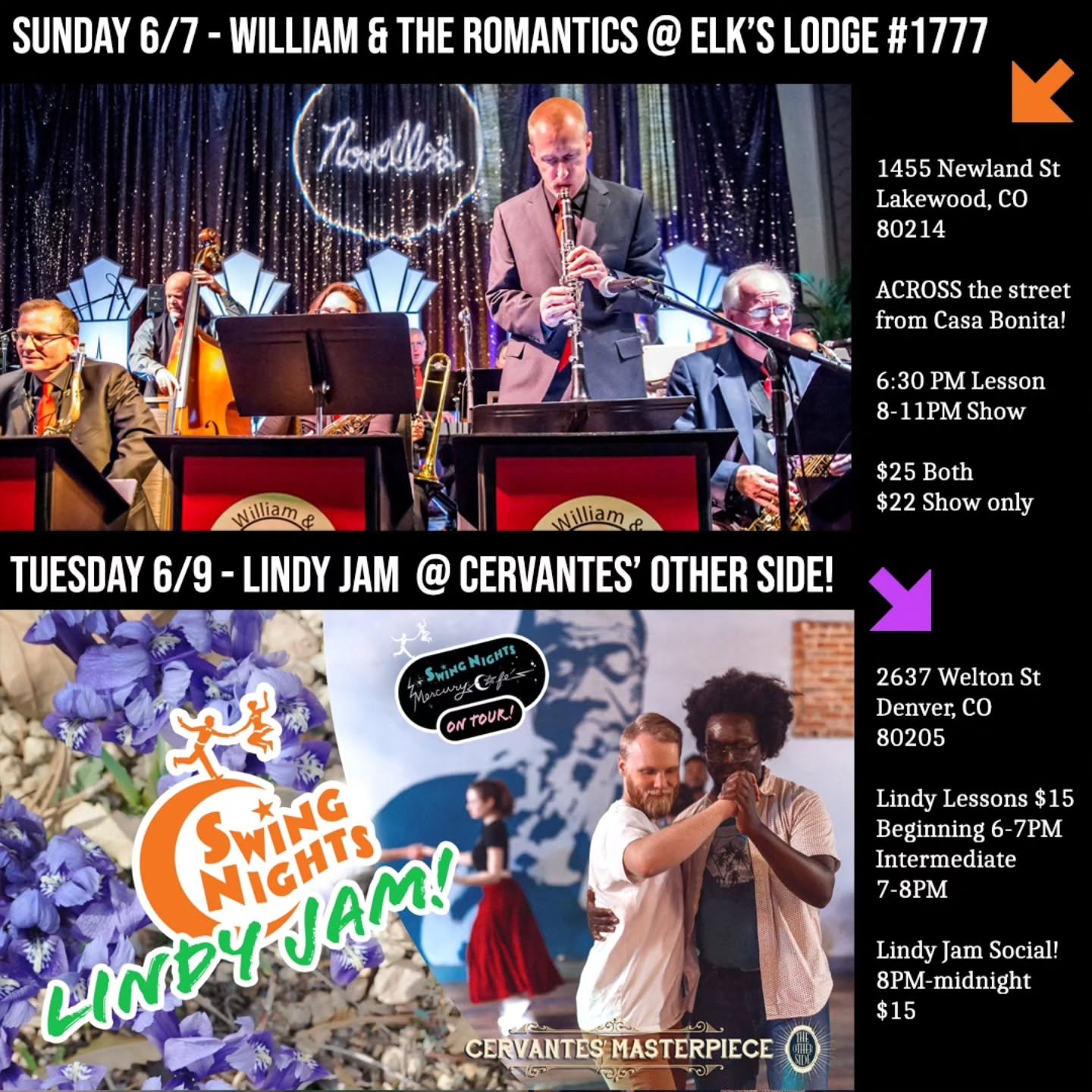 Dance with us in the week ahead! Here's what's going on:

SUNDAY:

William and the Romantics is hitting the road. First Sunday swing, new location!

For 15 years, William and the Romantics has played the first Sunday of every month at the Mercury Caf