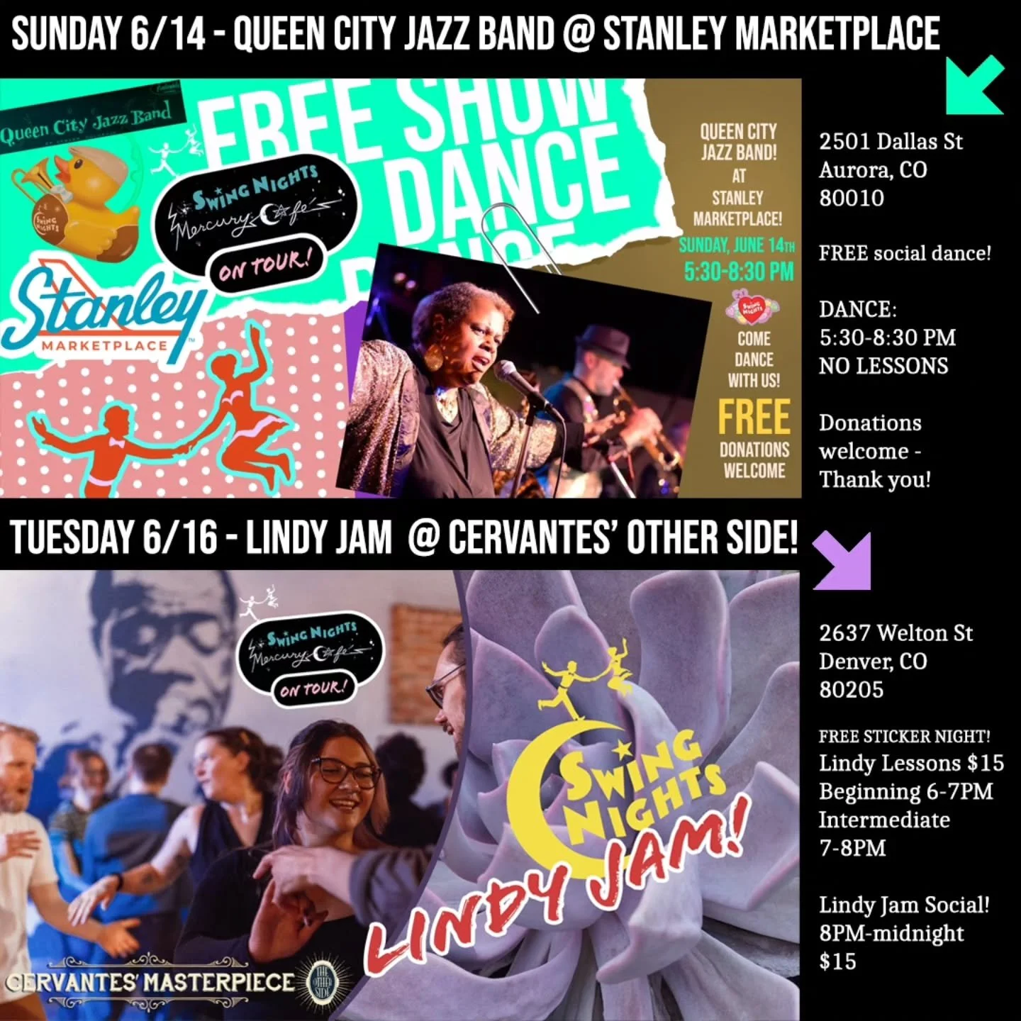 We're going to have so much FUN next week! Help us spread the word, and we'll see you there!

SUNDAY:

Join the Tour with "Mercury Cafe On Tour!" as we swing out in the common area of Stanley Marketplace! Lace up your shoes and dance with u