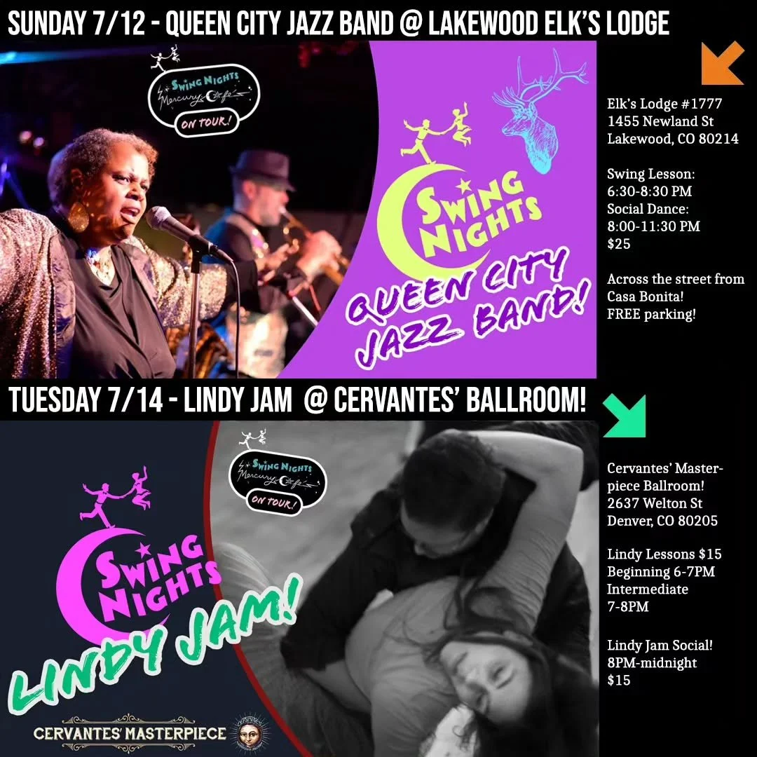 We have a fun week ahead! Join us!

SUNDAY:

Queen City Jazz Band is back, playing their Second-Sunday Swing set, a Merc tradition, at the Lakewood Elk's (right across the street from Casa Bonita!) Also, the Mercury Retros are performing at the first