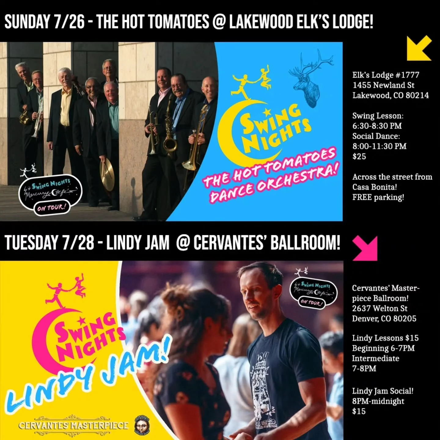 Get ready! 
Hot Tomatoes at Lakewood Elks Sunday, Lindy Jam at Cervante's Ballroom Tuesday! 
See you on the dance floor!