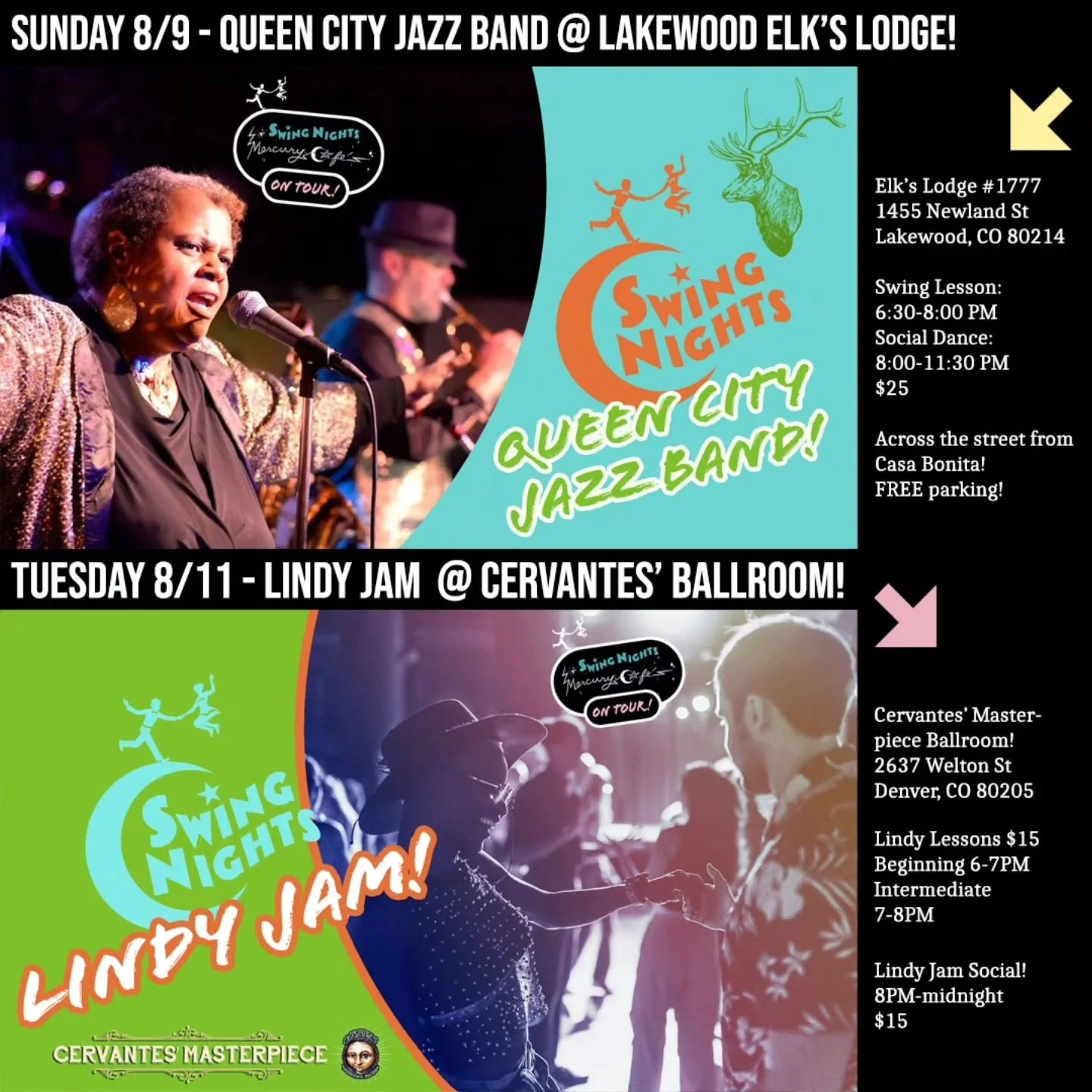 Board Game Night, Shim Sham lesson, and Swing Dance on Sunday with Queen City Jazz Band this Sunday!

Lindy Jam with lessons before the dance on Tuesday! Laura Keat is teaching every Tuesday in August!

Join in all the FUN! 🎉
