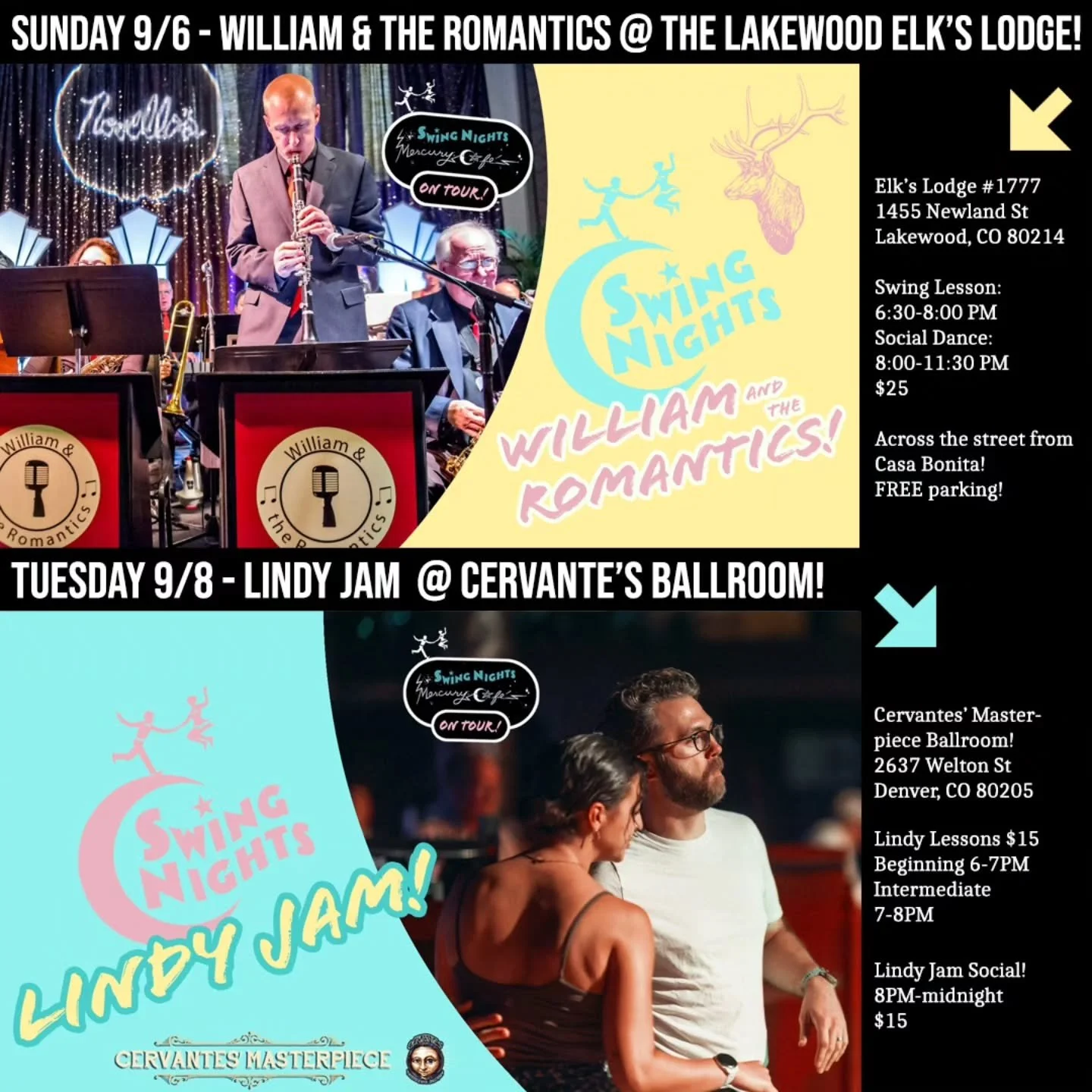 Fun week ahead! See you at the dances! 🎉

SUNDAY:

William and the Romantics are playing the Tour at the Lakewood Elks (right across the street from Casa Bonita!)

Join us for a night of lessons, live music, and a whole lot of dancing. Beginners wel