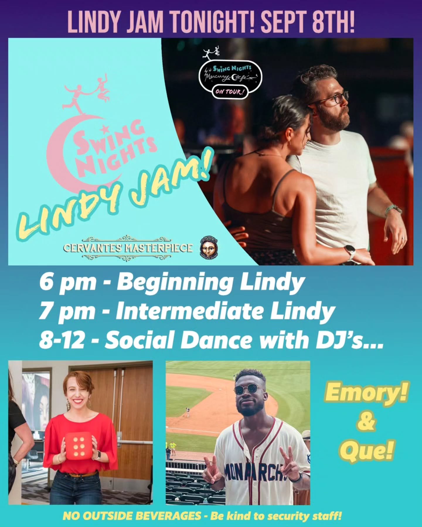 Join us on TONIGHT (9/8) for LINDY JAM no. 229 at Cervantes' Masterpiece Ballroom, 5 1/2 blocks from the Mercury Cafe! Swing out with DJ's Emory Roehrkasse and Que Certion! NO OUTSIDE BEVERAGES, Bring your own water bottle, bags checked at the door, 