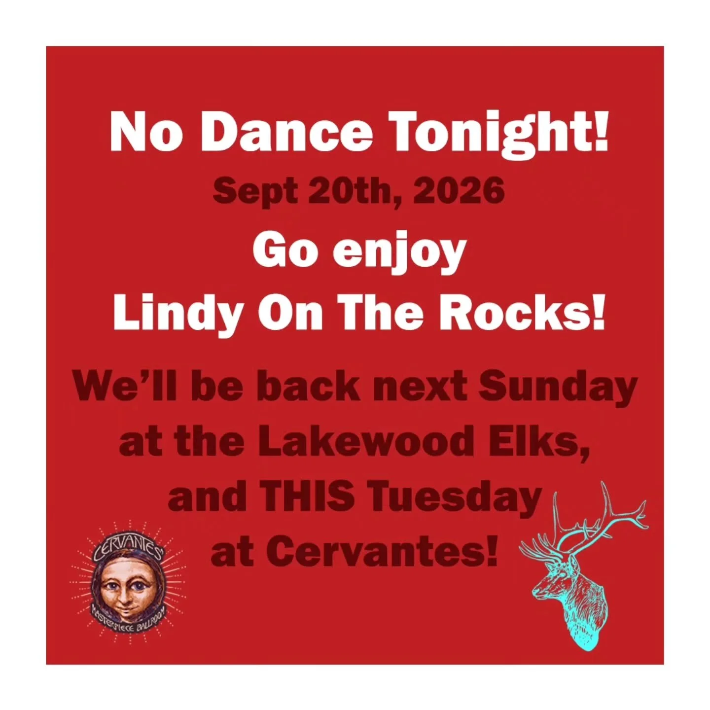 NO DANCE TONIGHT! (9/20) Go enjoy Lindy on the Rocks!

We'll be at Cervantes THIS Tuesday (9/22) and back at the Lakewood Elk's NEXT Sunday! 🎉