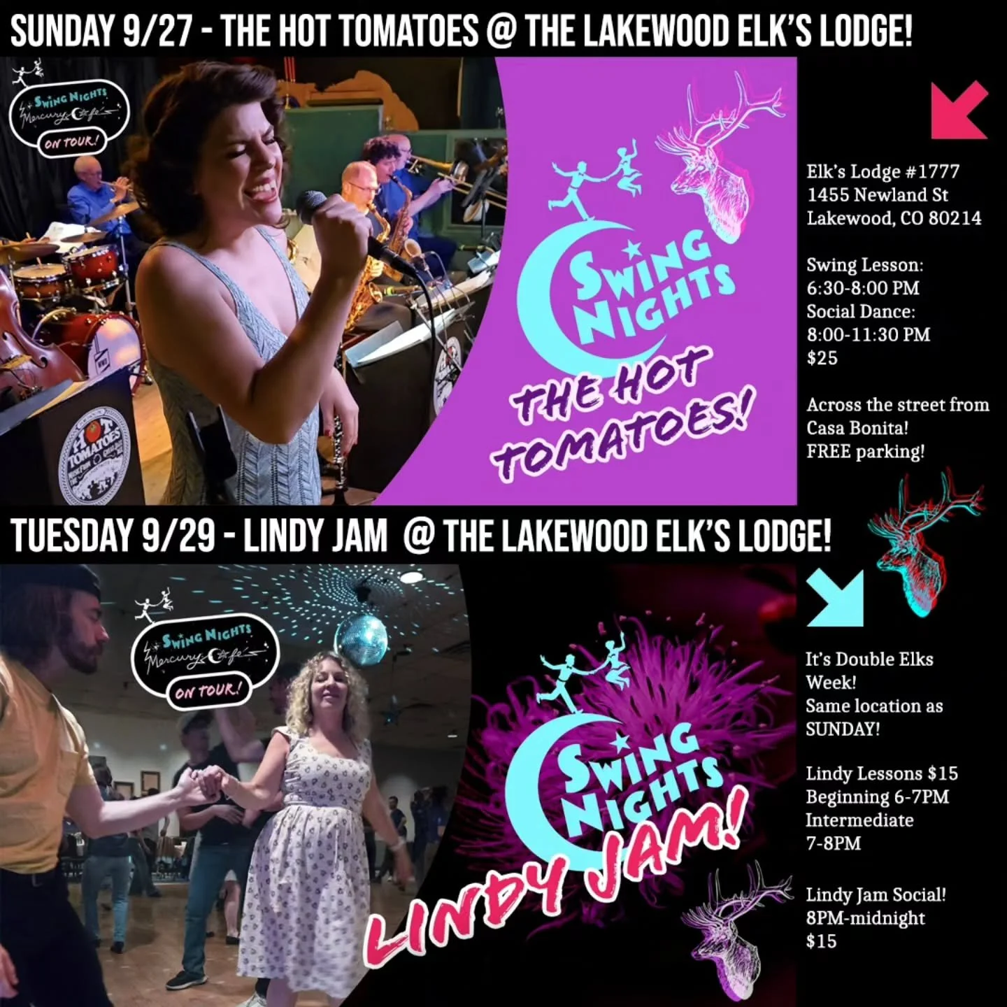 It's Double Elks week! The Hot Tomatoes are playing the Lakewood Elk's Lodge on Sunday night, and the fun continues on Tuesday, with the Lindy Jam, also at the Lakewood Elk's (right across the street from Casa Bonita)! See you there! 🎉

#doubleelks 