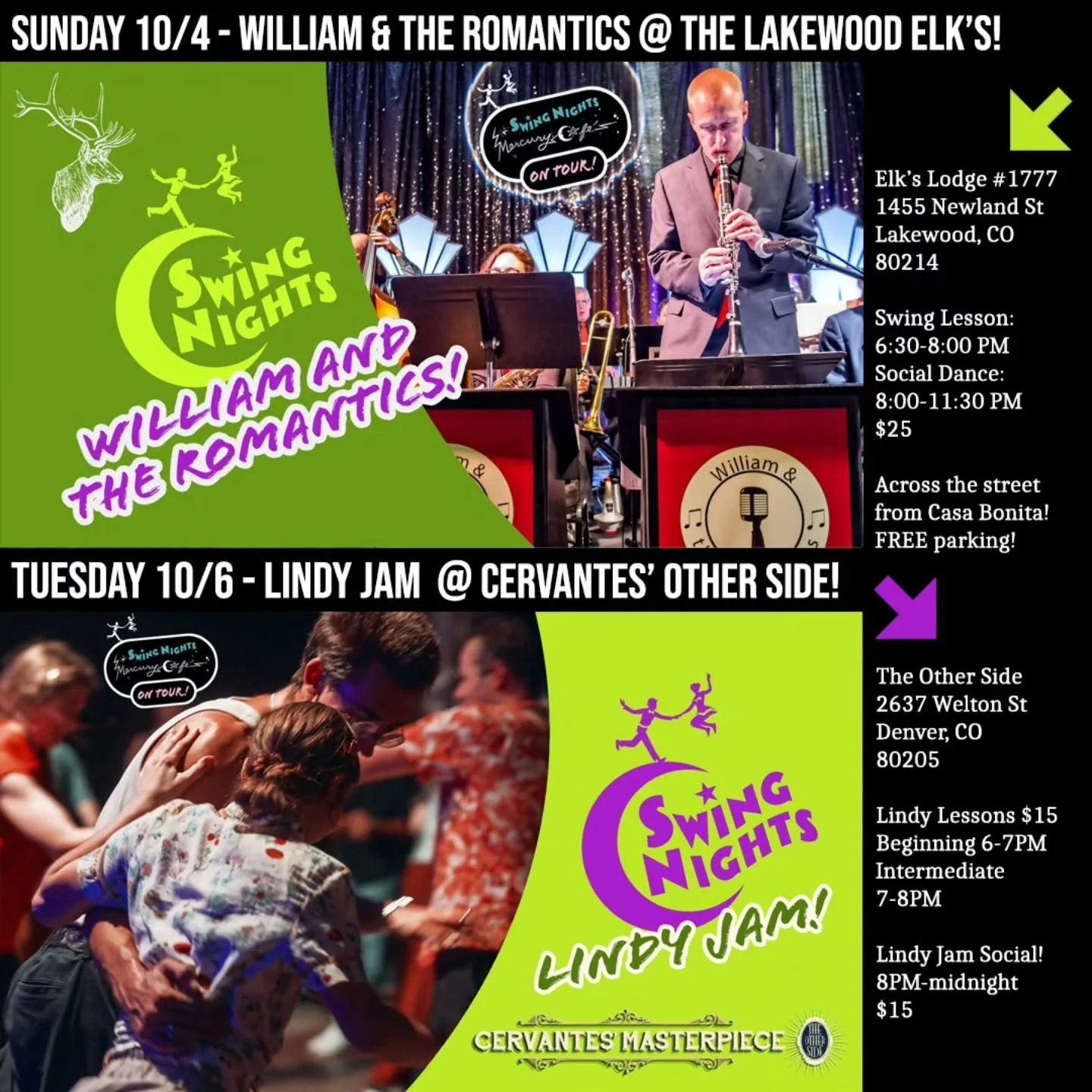 Fun week ahead! William and the Romantics are playing tomorrow, and a brand-new Lindy Hop series kicks off this Tuesday featuring Cyle Dixon and Bethany Alvarez as your teachers!

SUNDAY:

William and the Romantics are playing the Tour at the Lakewoo