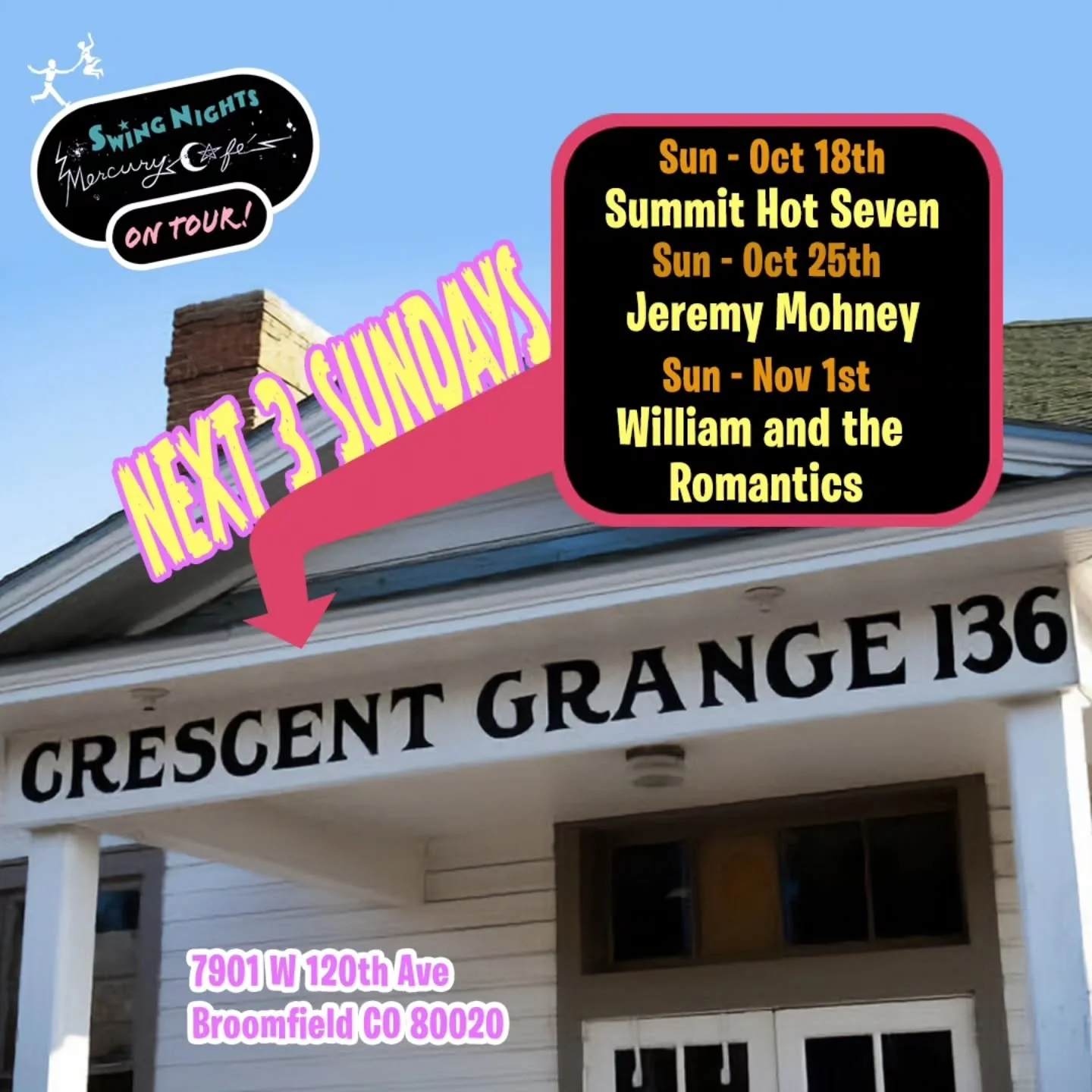 The Tour Continues! Help us spread the word that Sunday Swing Nights will be at a new venue for the next three weeks!

Swing out with us at the Broomfield Crescent Grange, 7901 W 120th Ave, Broomfield CO 80020
Beautiful wood floor, so non-marking sol