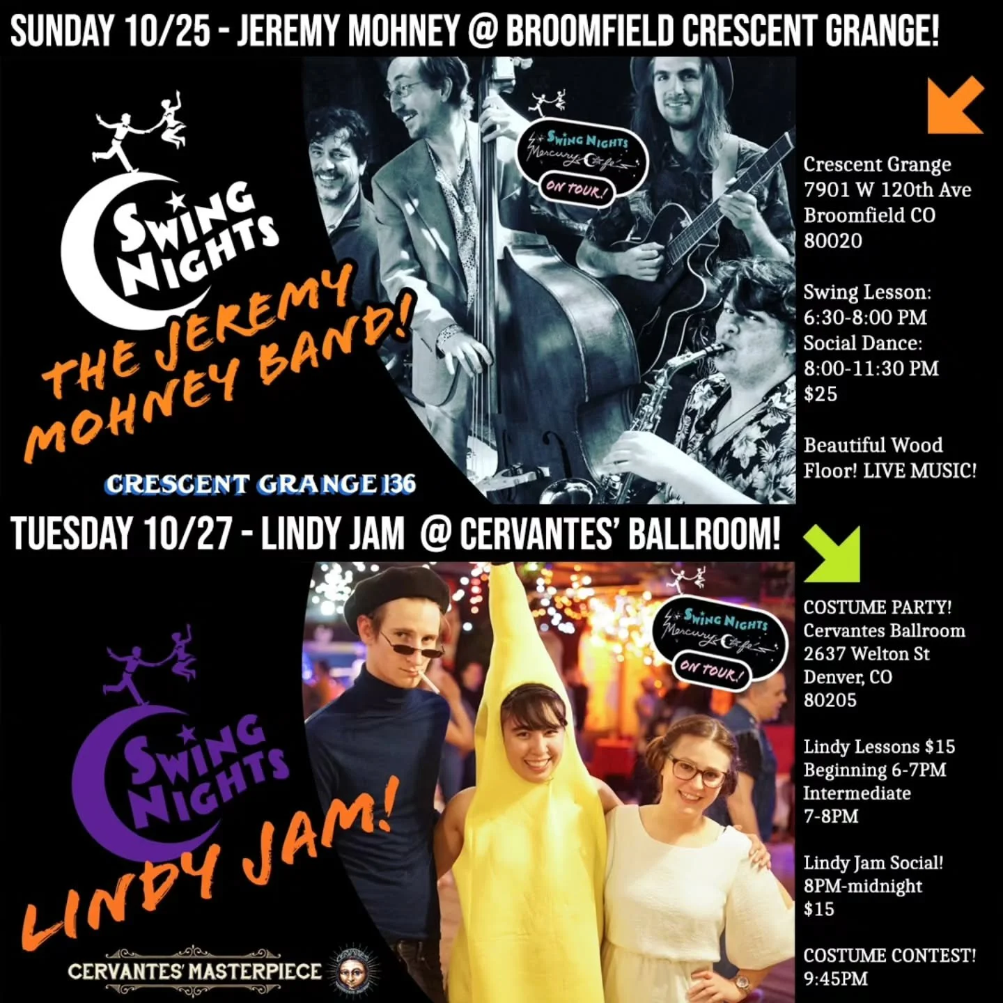 Dance with us! The Jeremy Mohney band is playing the Broomfield Grange on Sunday, and enter our Costume Contest at the Halloween Party Lindy Jam this Tuesday! 🎉🤖👽🦝👻

SUNDAY:

The Jeremy Mohney Band is playing the Tour at the Crescent Grange in B