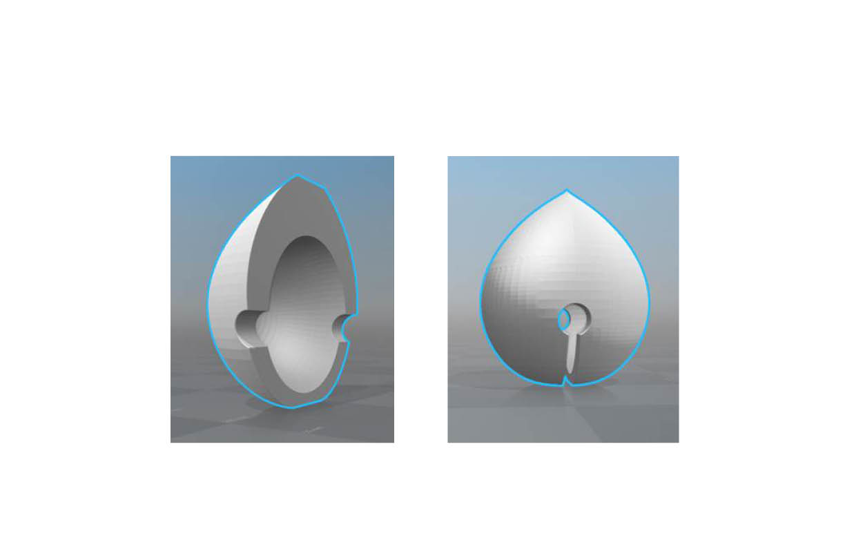 T E C H N I C A L D R A W I N G - S E C T I O N R E N D E R I N G Even wall thickness is typically a requirement of injection molded designs. An even wall thickness decreases the possibility of manufacturing complications and failures. In conflict with this requisite, uneven wall thickness is required (in accordance with the Helmholtz principle of resonance) in order to create an optimal resonant object. The thicker section of the form (as seen in the section drawing above) is a stabilizing mass, whereas the thinner section is designed to vibrate freely when struck. The user holds the object by the thicker section and strikes the thinner section. By holding the thicker section in the hand, the thinner section is able to vibrate freely and produce a stable and consistent tone. Although this is an atypical design for the injection molding process on a large production scale, the design does satisfy both the requirements of a resonant acoustic object and an injection moldable object. Below is an illustration of the Helmholtz principle in relation to a resonator cavity, followed by relevant explanatory equations.